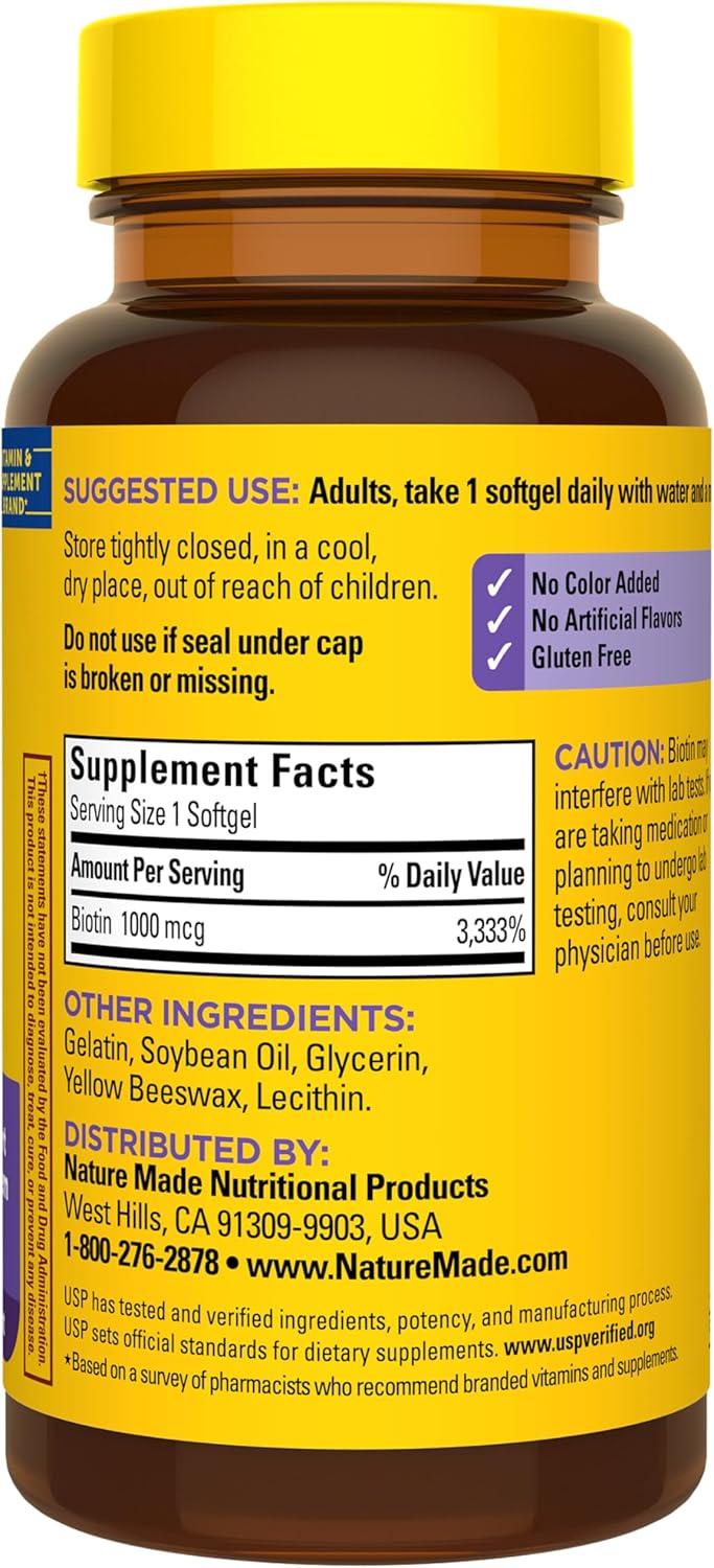 image:imageNature Made Biotin 1000 mcg Softgels Biotin Vitamins Dietary Supplement Supports Healthy Hair amp Skin 120 Softgels 120 Day Supply120 Count Pack of 1