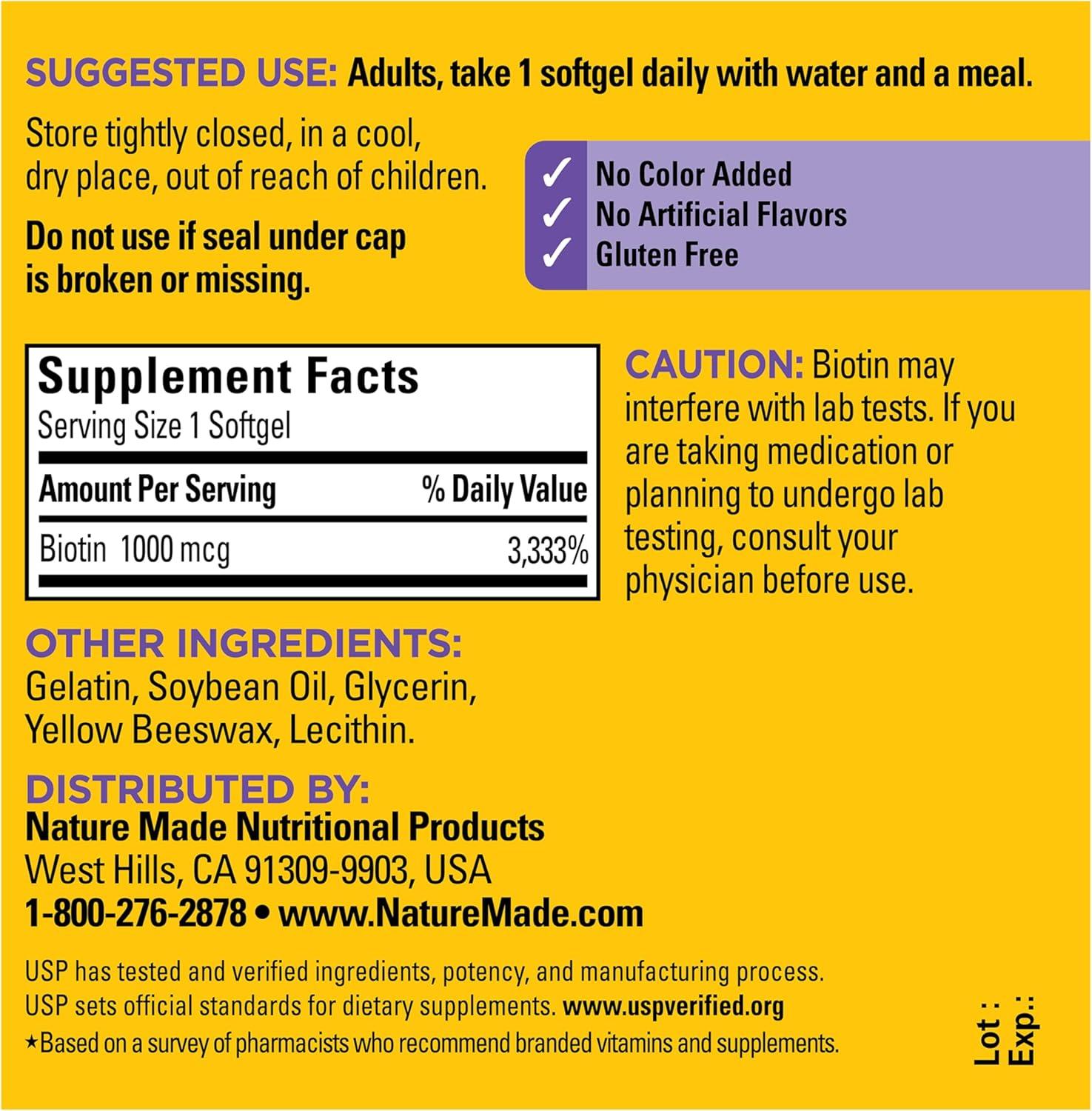 image:imageNature Made Biotin 1000 mcg Softgels Biotin Vitamins Dietary Supplement Supports Healthy Hair amp Skin 120 Softgels 120 Day Supply120 Count Pack of 1