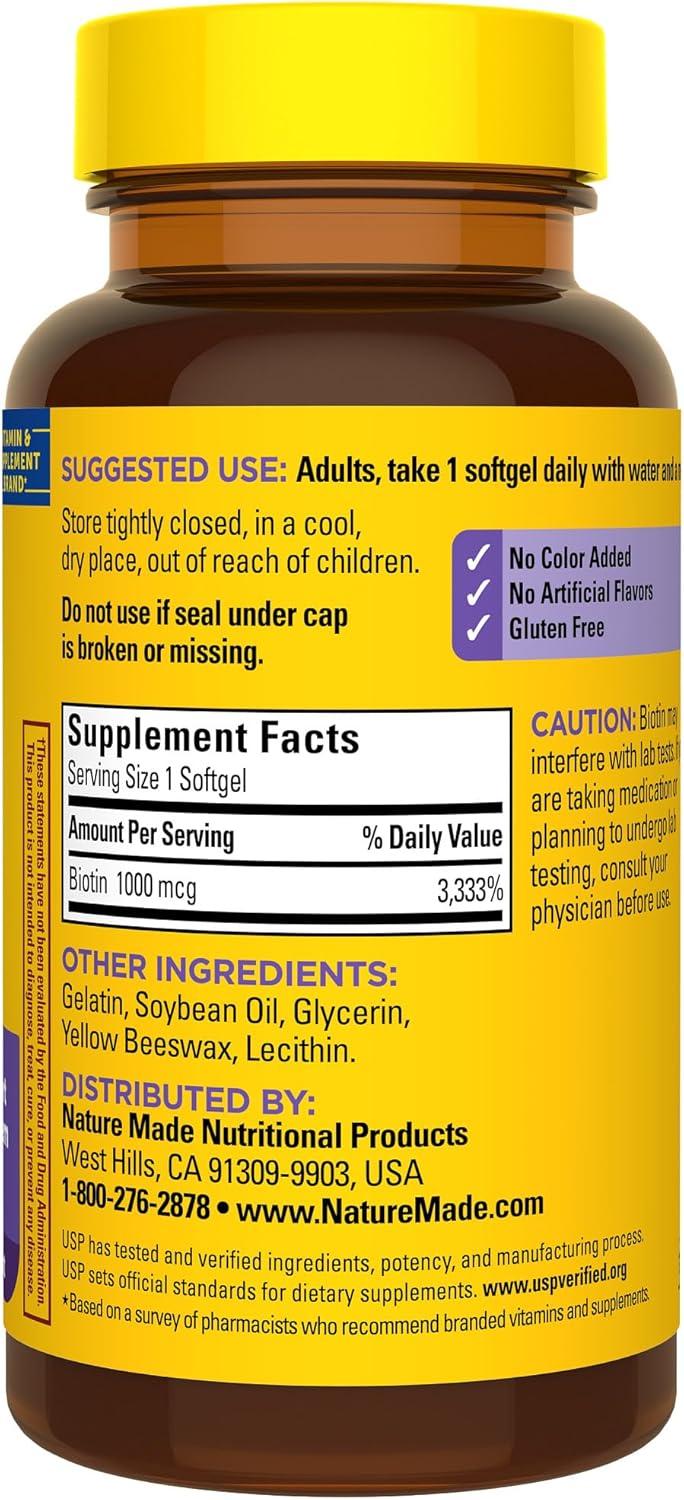 image:imageNature Made Biotin 1000 mcg Softgels Biotin Vitamins Dietary Supplement Supports Healthy Hair amp Skin 120 Softgels 120 Day Supply120 Count Pack of 1