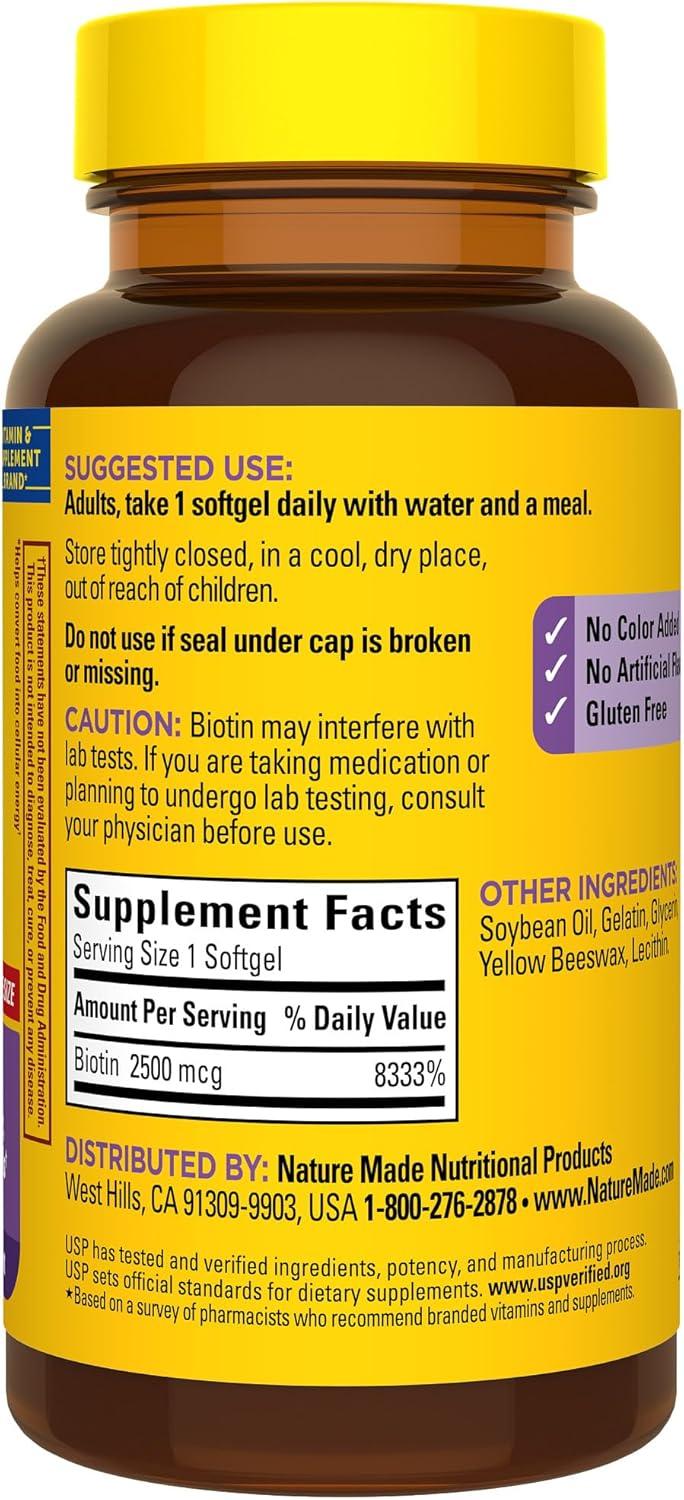 image:imageNature Made Biotin 2500 mcg Extra Strength Biotin Supplements Support Healthy Hair Skin amp Nails 150 Softgels 150 Day Supply150 Count Pack of 1