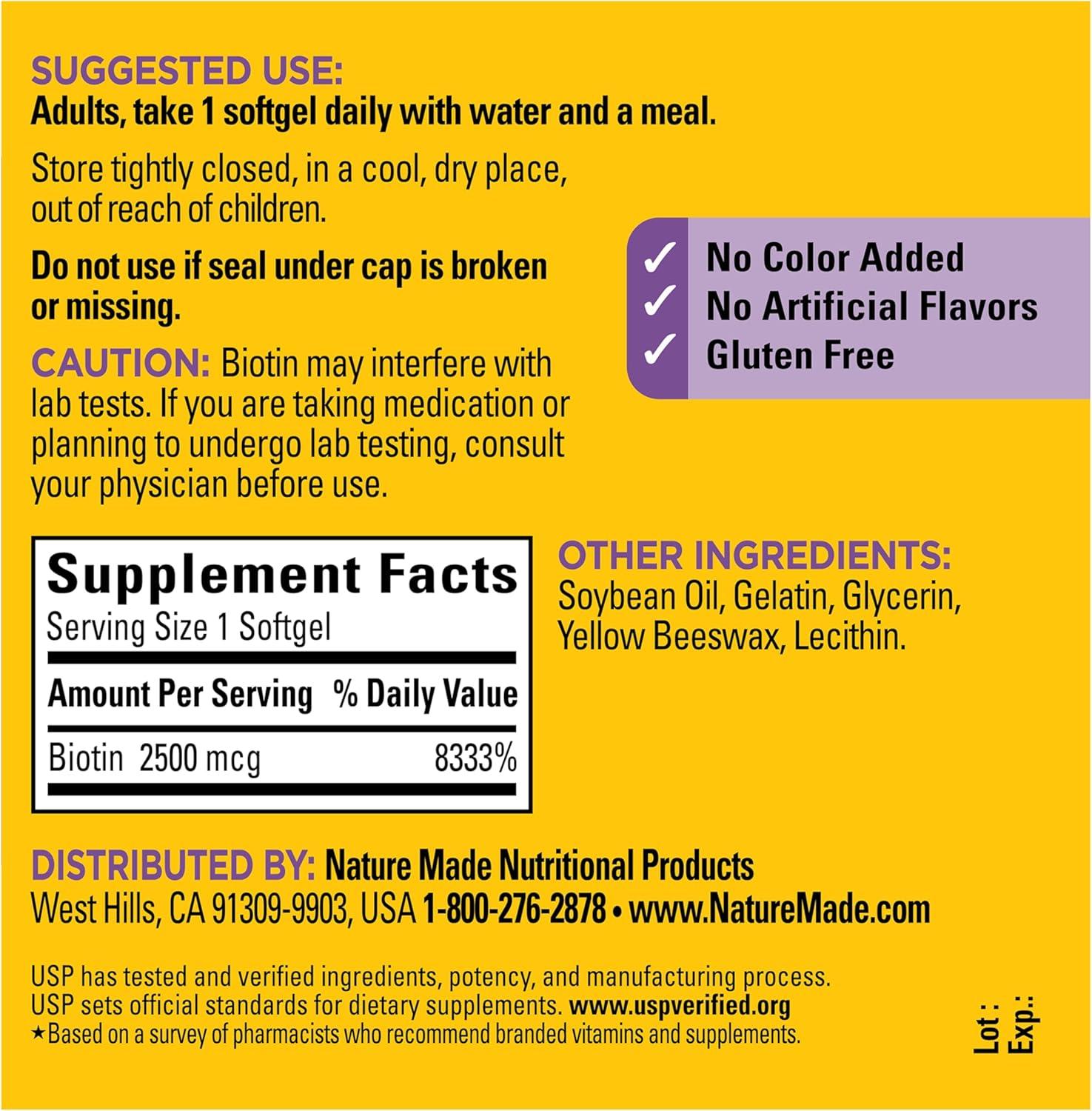 image:imageNature Made Biotin 2500 mcg Extra Strength Biotin Supplements Support Healthy Hair Skin amp Nails 150 Softgels 150 Day Supply150 Count Pack of 1