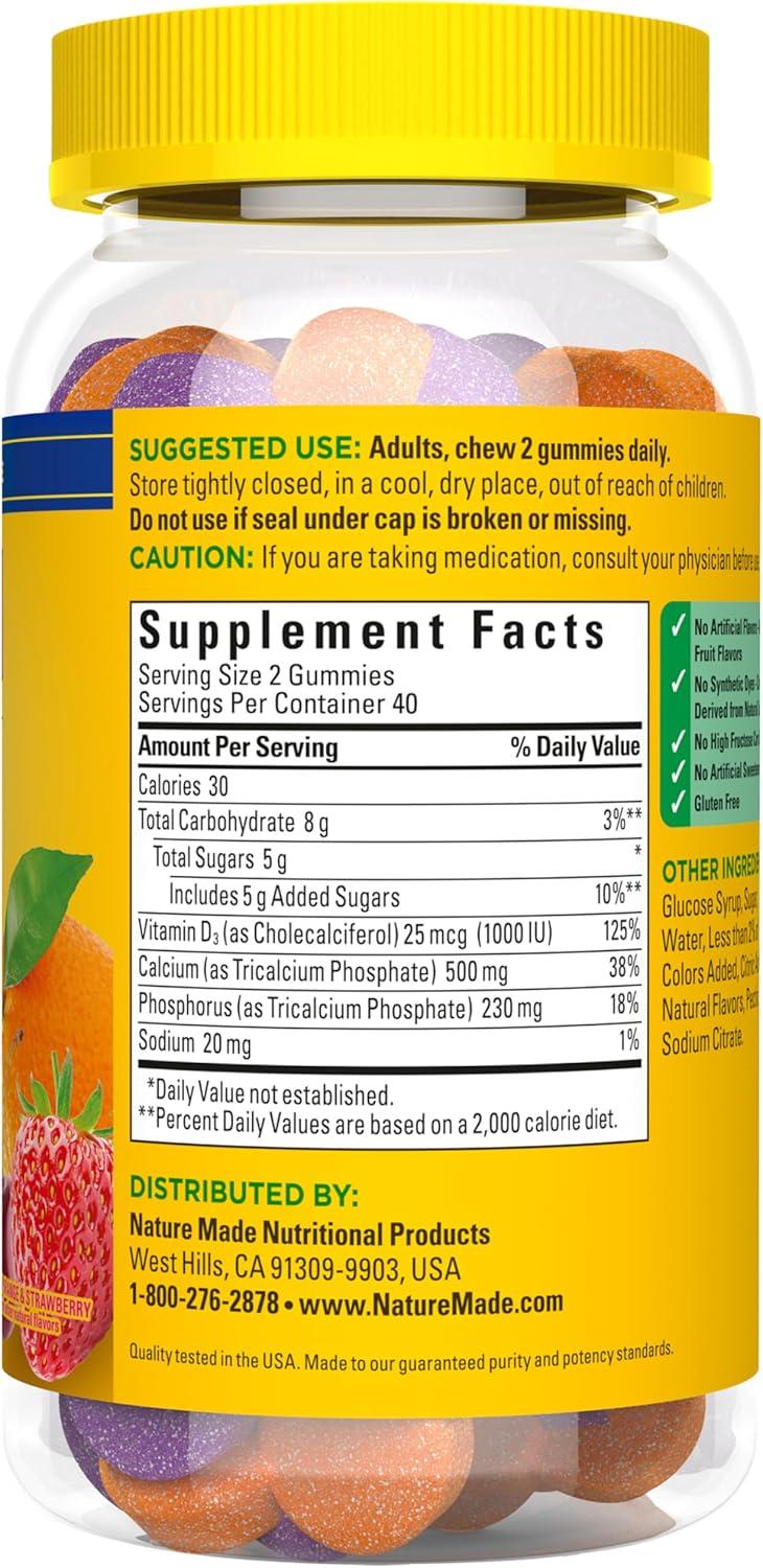 image:imageNature Made Calcium Gummies 500 mg Per Serving with Vitamin D3 Dietary Calcium Supplement for Bone Support 80 Gummies 40 Day SupplyCherry Orange Strawberry