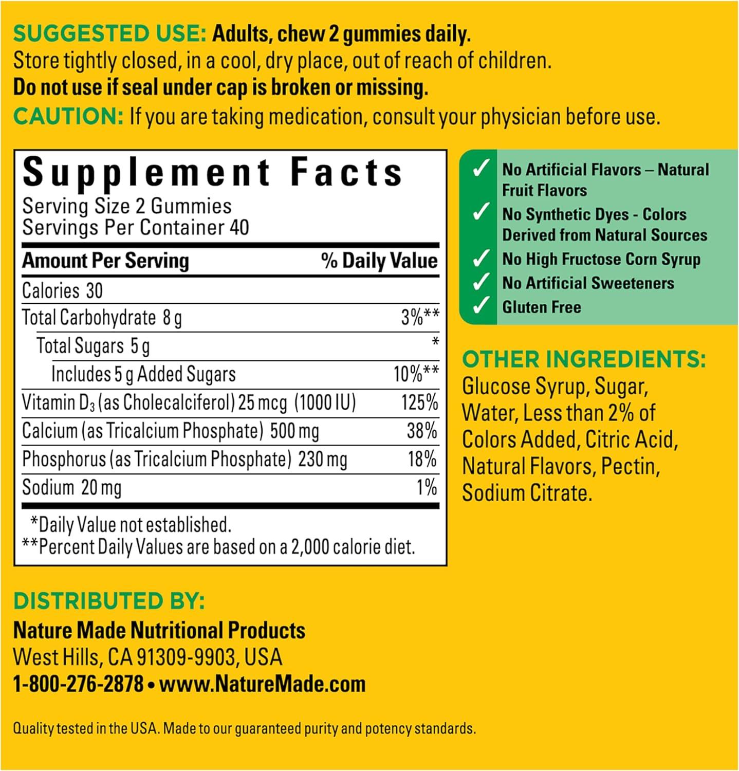 image:imageNature Made Calcium Gummies 500 mg Per Serving with Vitamin D3 Dietary Calcium Supplement for Bone Support 80 Gummies 40 Day SupplyCherry Orange Strawberry