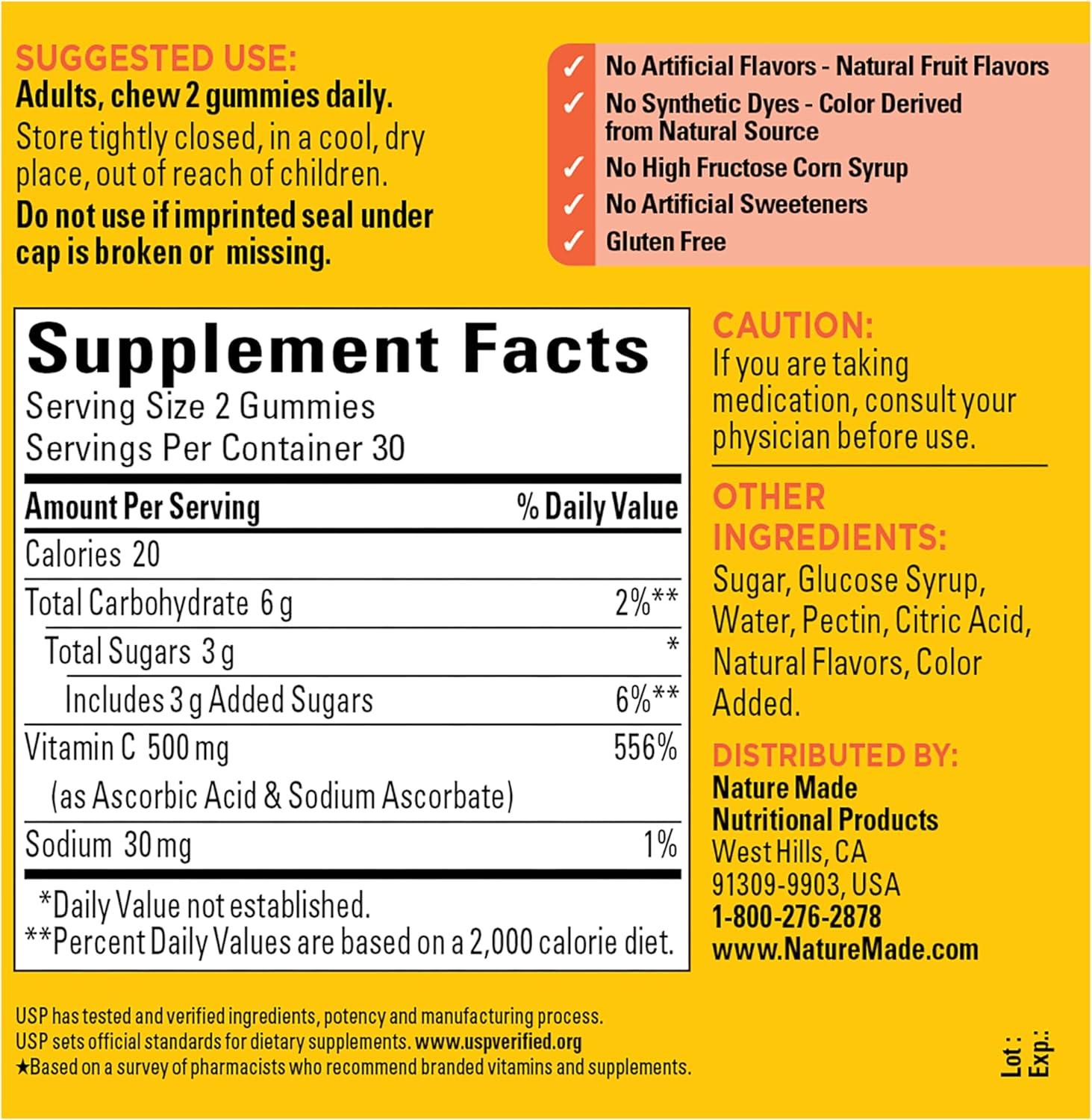 image:imageNature Made Extra Strength Dosage Vitamin C 500 mg per serving Dietary Supplement Vitamin C Gummies for Immune Support 60 Gummies 30 Day SupplyNo Artificial Sweeteners