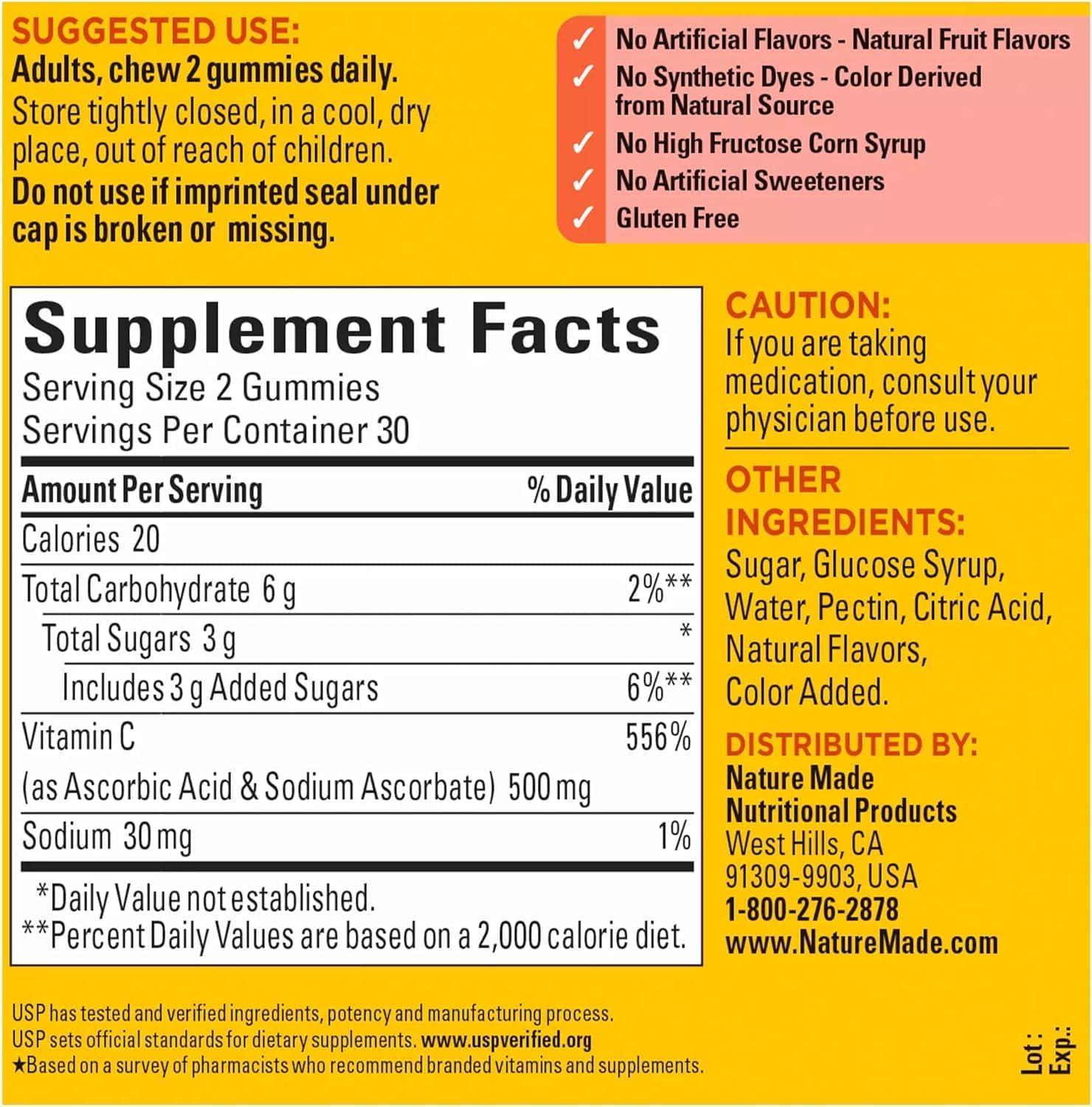 image:imageNature Made Extra Strength Dosage Vitamin C 500 mg per serving Dietary Supplement Vitamin C Gummies for Immune Support 60 Gummies 30 Day SupplyNo Artificial Sweeteners