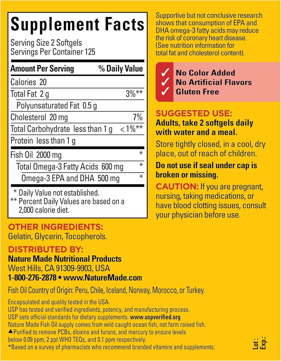 image:imageNature Made Fish Oil Omega 3 Supplements 1000mg Softgels Omega 3 Fish Oil for Healthy Heart Support 250 Softgels 125 Day Supply250 Count Pack of 1