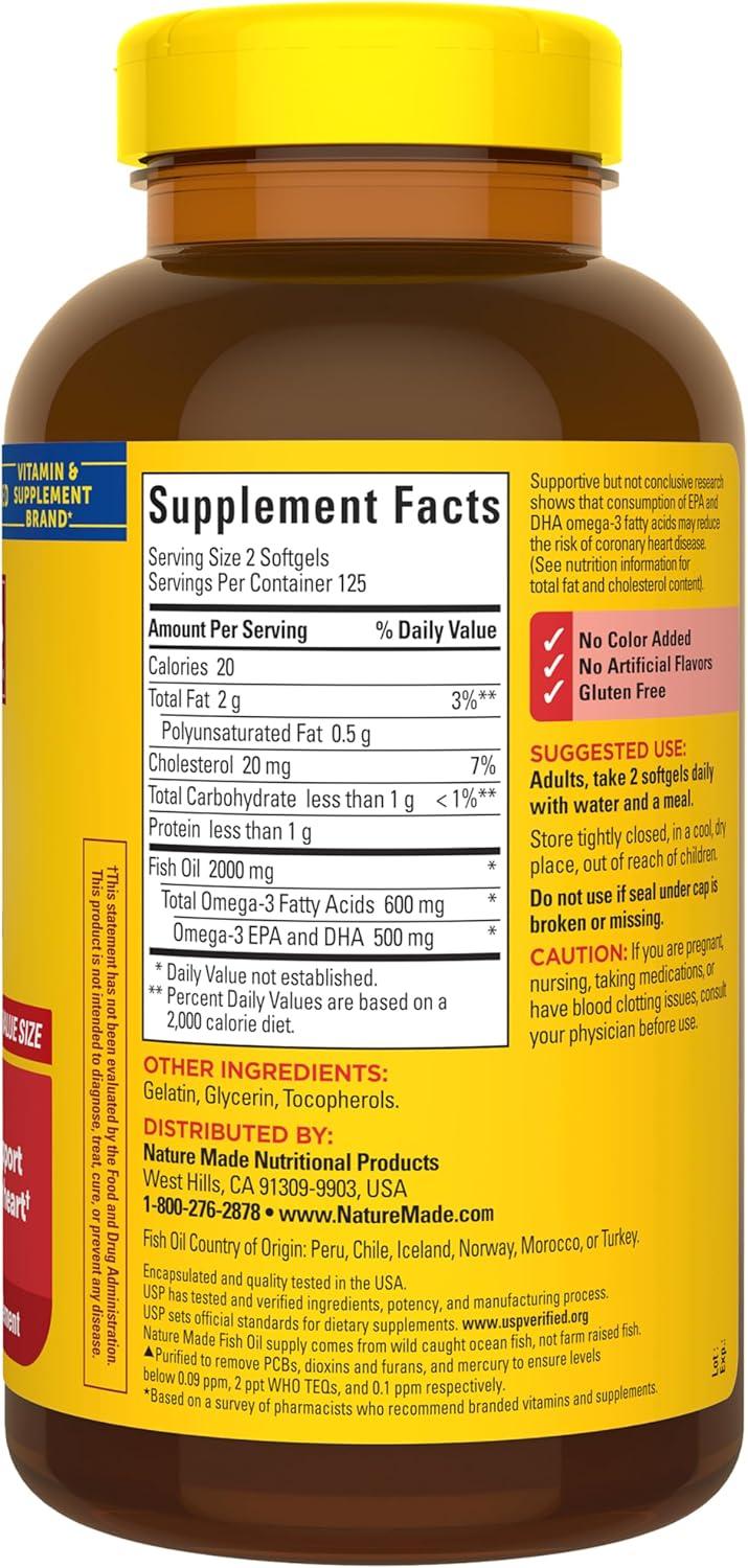 image:imageNature Made Fish Oil Omega 3 Supplements 1000mg Softgels Omega 3 Fish Oil for Healthy Heart Support 250 Softgels 125 Day Supply250 Count Pack of 1