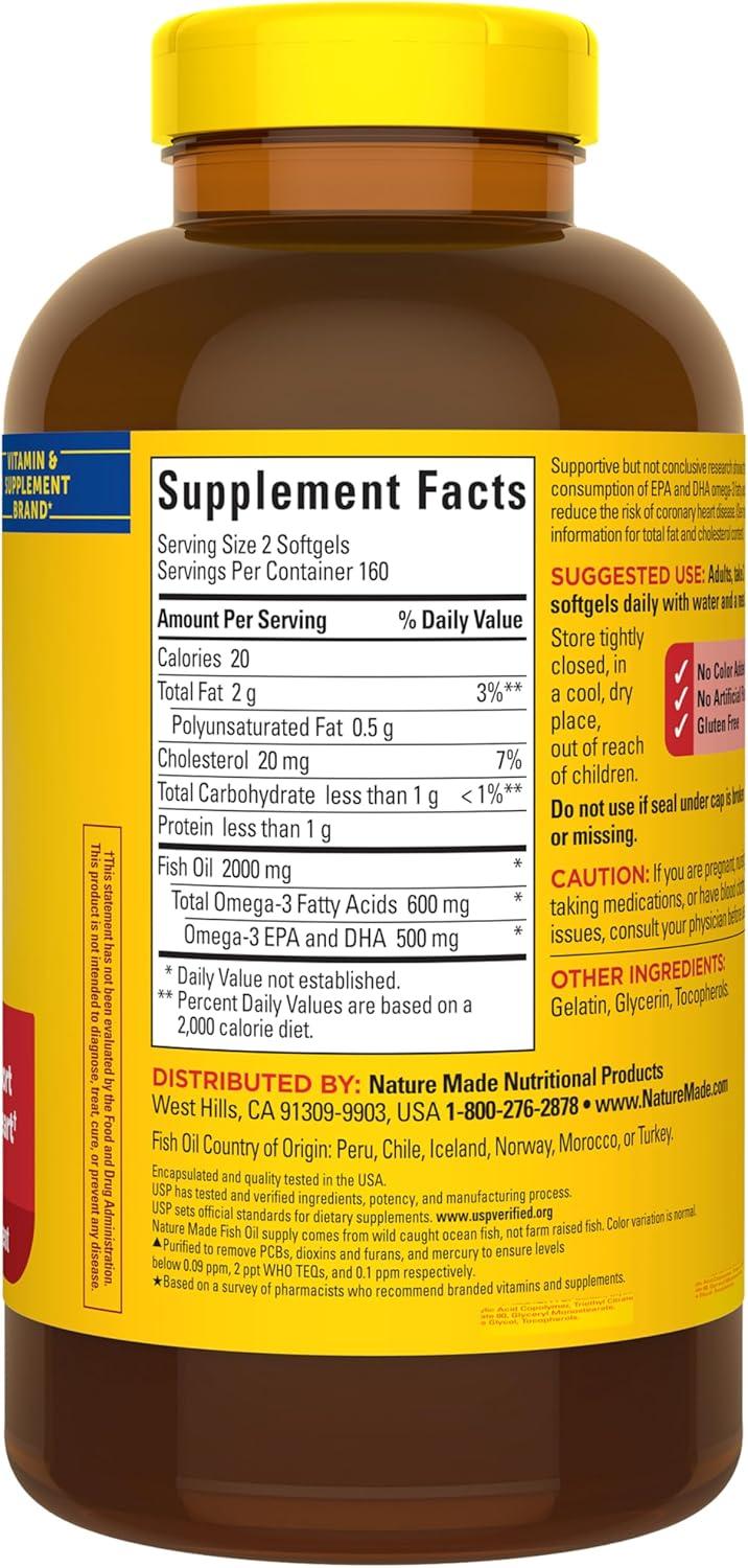 image:imageNature Made Fish Oil Omega 3 Supplements 1000mg Softgels Omega 3 Fish Oil for Healthy Heart Support 250 Softgels 125 Day Supply320 Count Pack of 1