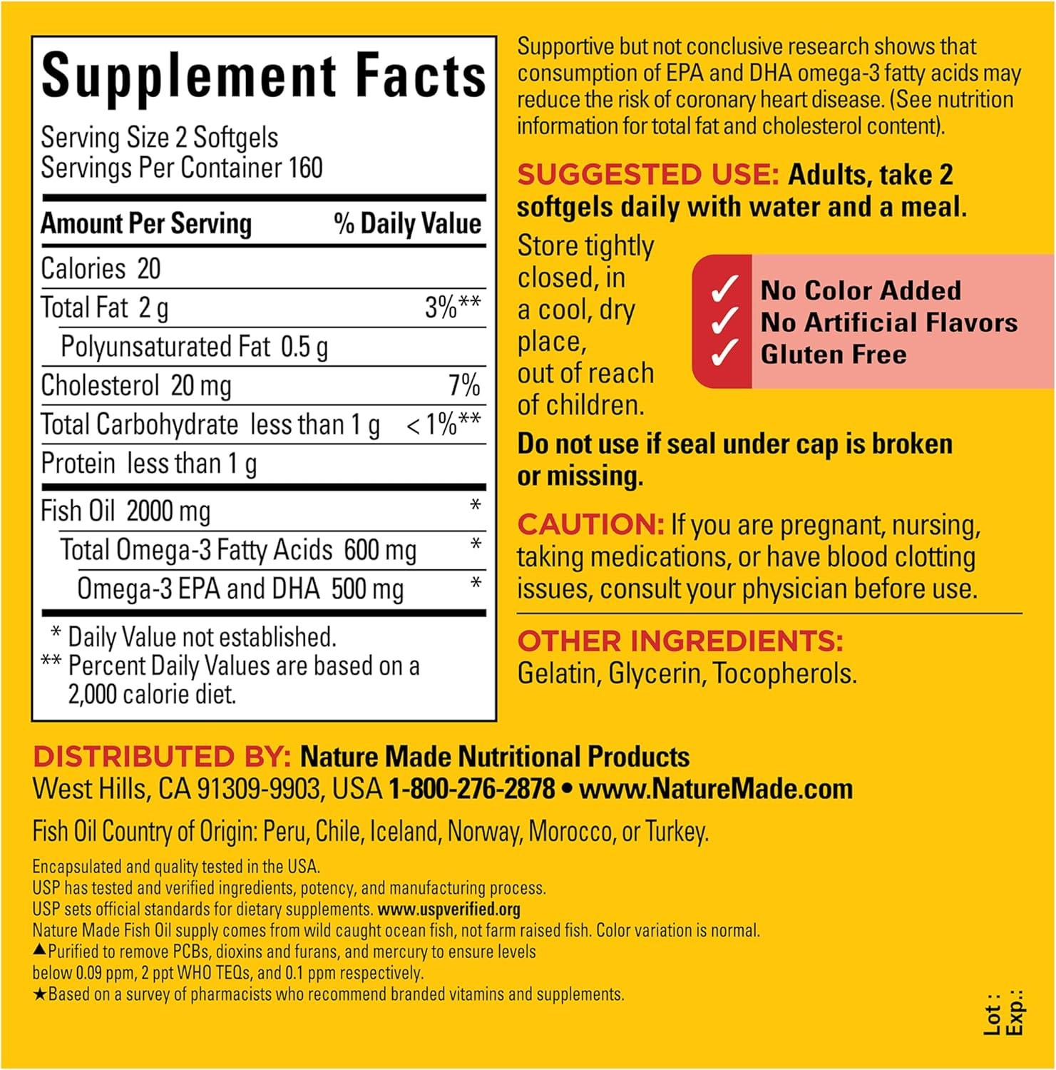 image:imageNature Made Fish Oil Omega 3 Supplements 1000mg Softgels Omega 3 Fish Oil for Healthy Heart Support 250 Softgels 125 Day Supply320 Count Pack of 1