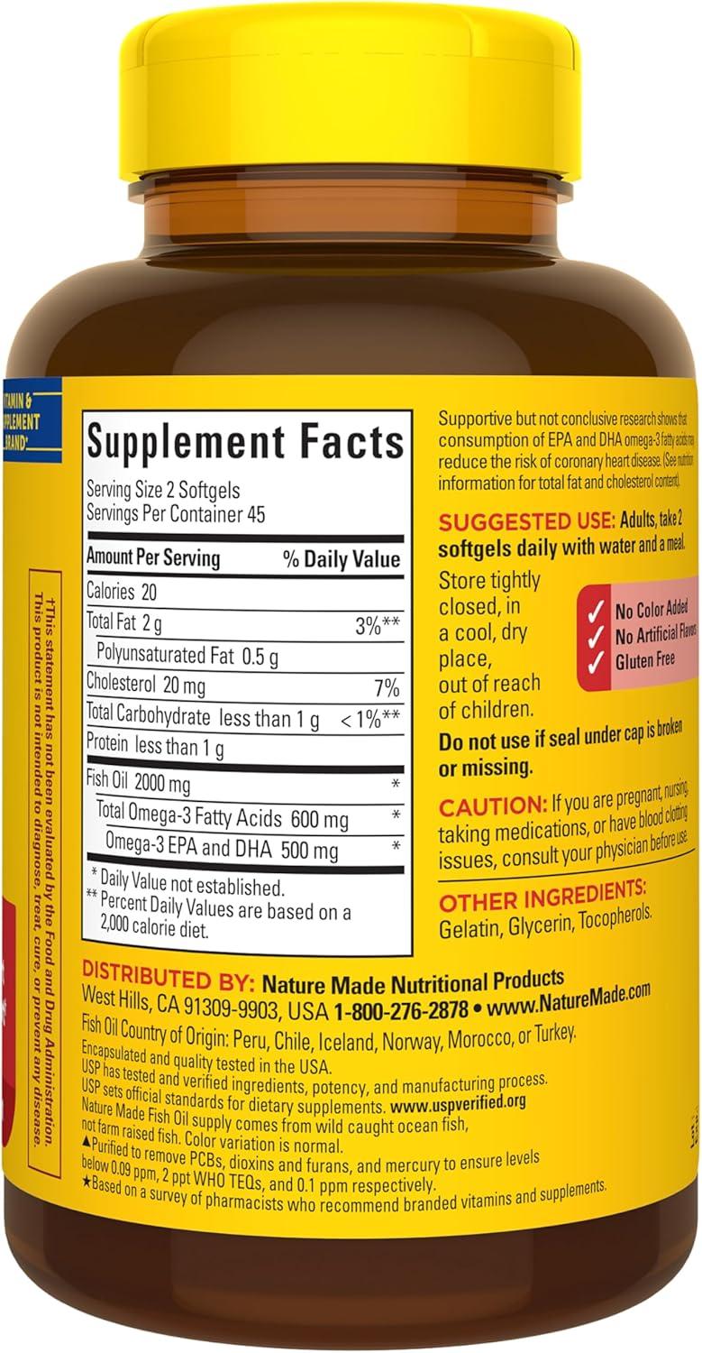 image:imageNature Made Fish Oil Omega 3 Supplements 1000mg Softgels Omega 3 Fish Oil for Healthy Heart Support 250 Softgels 125 Day Supply90 Count Pack of 1