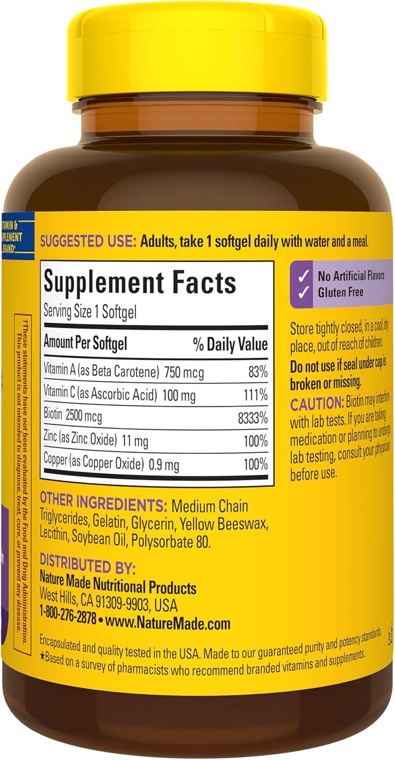 image:imageNature Made Hair Skin and Nails with Biotin 2500 mcg Dietary Supplement For Healthy Hair Skin and Nails Support 120 Softgels 120 Day Supply120 Count Pack of 1