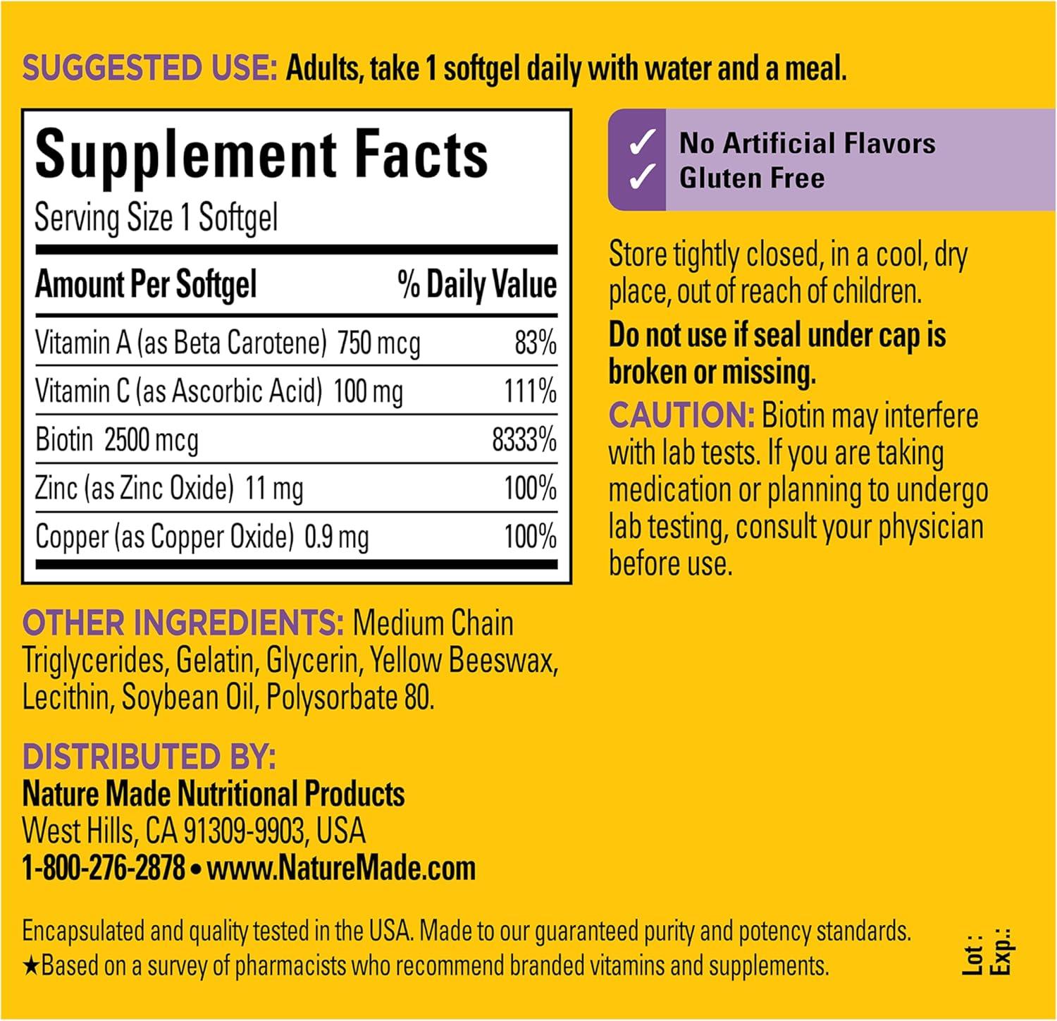 image:imageNature Made Hair Skin and Nails with Biotin 2500 mcg Dietary Supplement For Healthy Hair Skin and Nails Support 120 Softgels 120 Day Supply120 Count Pack of 1