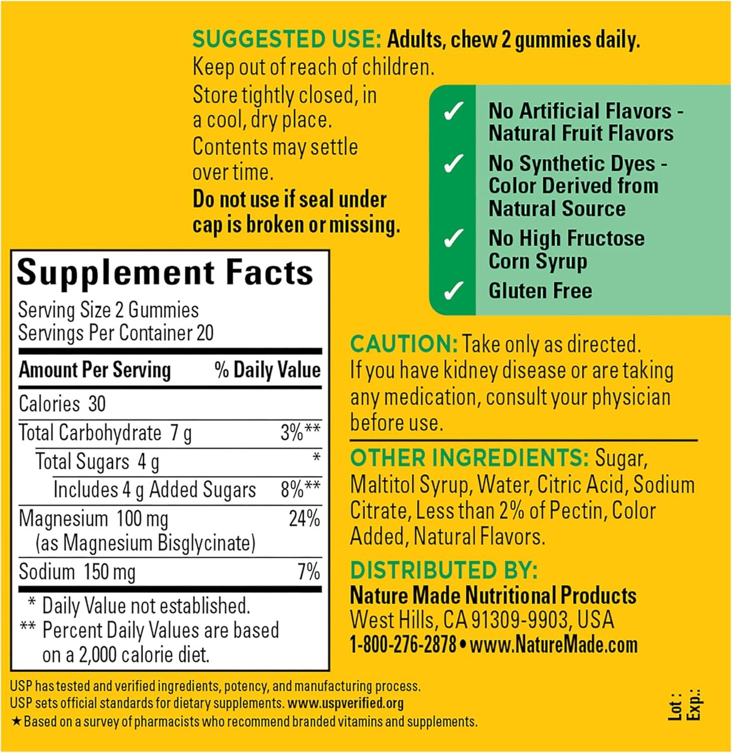 image:imageNature Made High Absorption Magnesium Glycinate Gummies 100 mg per Serving Muscle Nerve Bone and Heart Support Magnesium Supplement 40 Magnesium Gummies 20 Day Supply