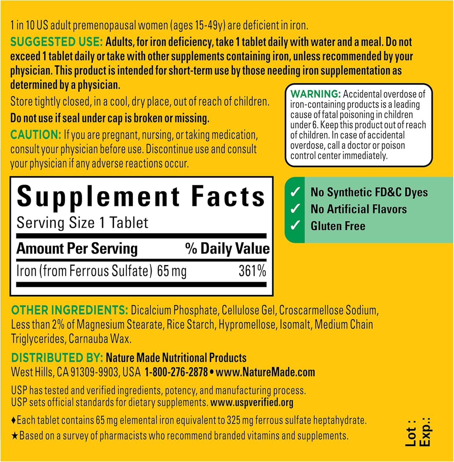 image:imageNature Made Iron 65 mg 325 mg Ferrous Sulfate Tablets Iron Supplements Dietary Supplement for Red Blood Cell Support 180 Tablets 180 Day SupplyUnflavored