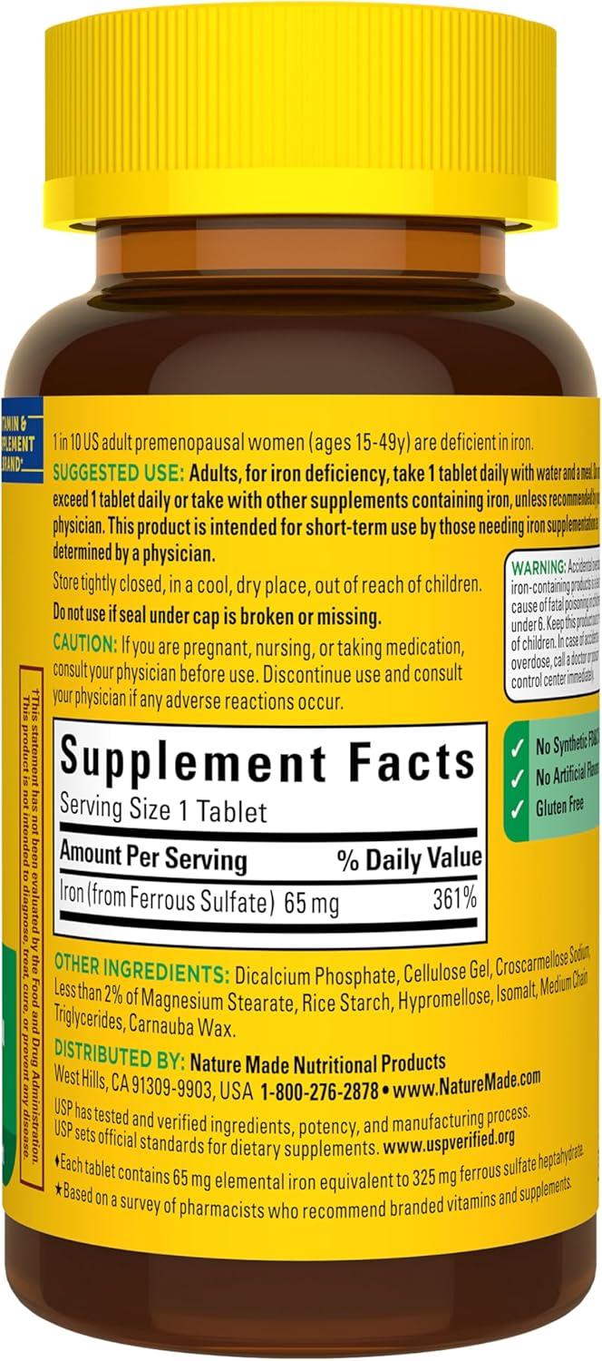 image:imageNature Made Iron 65 mg 325 mg Ferrous Sulfate Tablets Iron Supplements Dietary Supplement for Red Blood Cell Support 180 Tablets 180 Day SupplyUnflavored