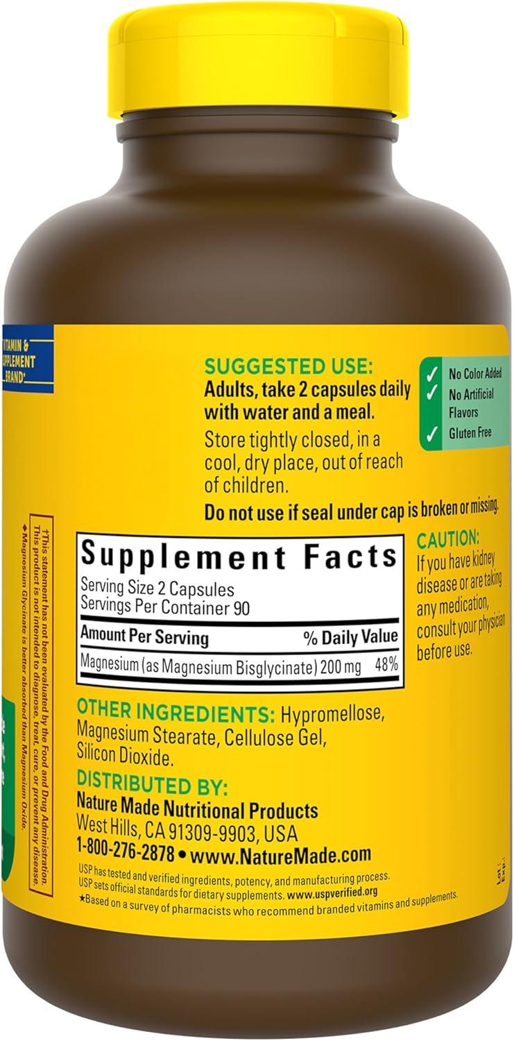 image:imageNature Made Magnesium Glycinate 200 mg per Serving Magnesium Supplement for Muscle Heart Nerve and Bone Support 60 Magnesium Bisglycinate Capsules 30 Day Supply180 Count Pack of 1