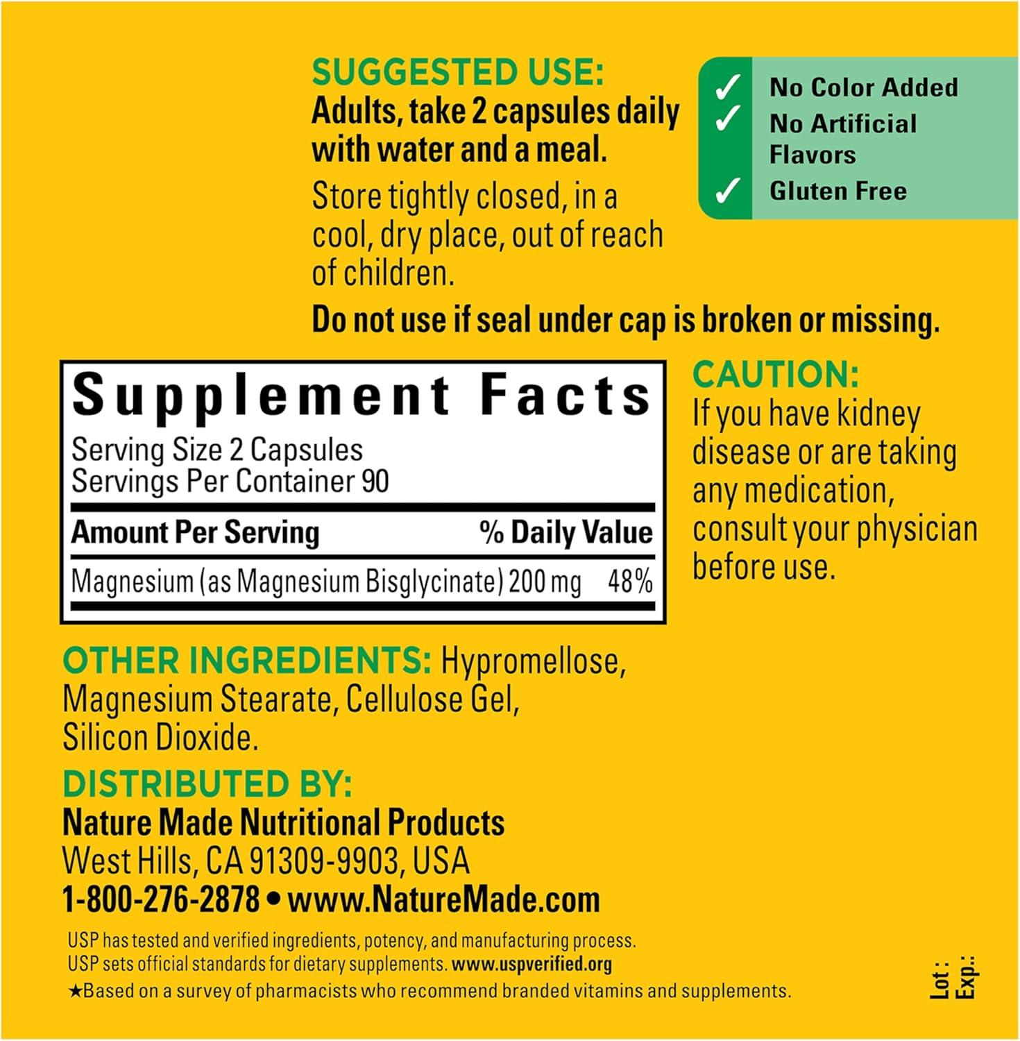 image:imageNature Made Magnesium Glycinate 200 mg per Serving Magnesium Supplement for Muscle Heart Nerve and Bone Support 60 Magnesium Bisglycinate Capsules 30 Day Supply180 Count Pack of 1