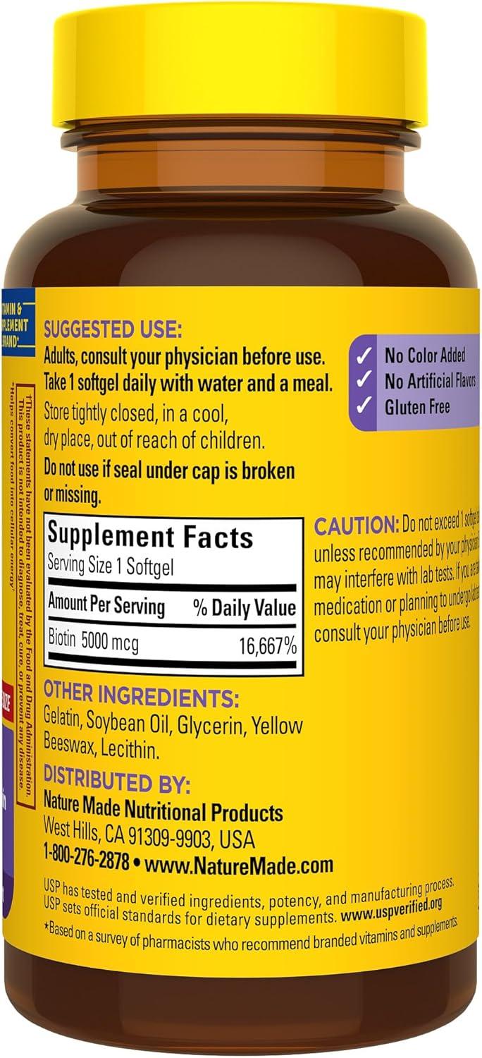image:imageNature Made Maximum Strength Biotin 5000 mcg Softgels Biotin Hair Skin and Nails Vitamins Dietary Supplement 120 Count120 Count Pack of 1