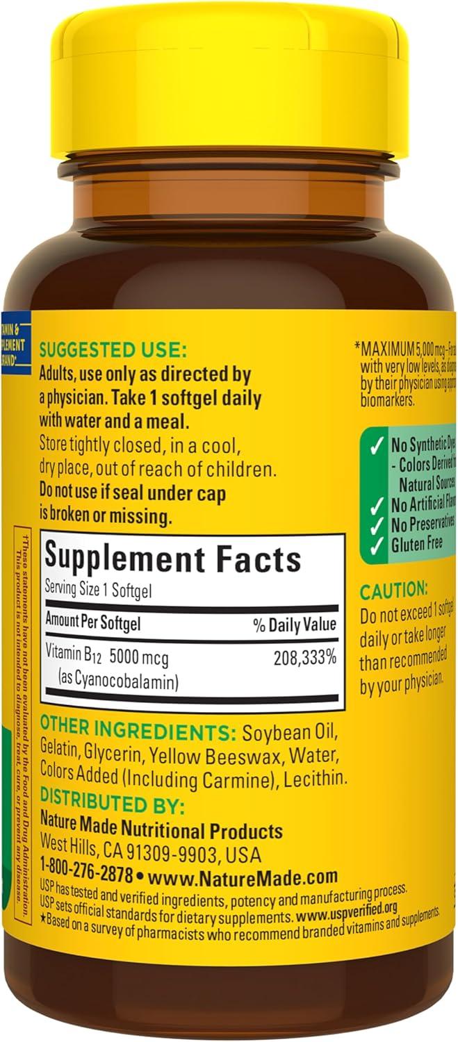 image:imageNature Made Maximum Strength Vitamin B12 5000 mcg Dietary Supplement for Energy Metabolism Support 60 Softgels 60 Day Supply60 Count Pack of 1