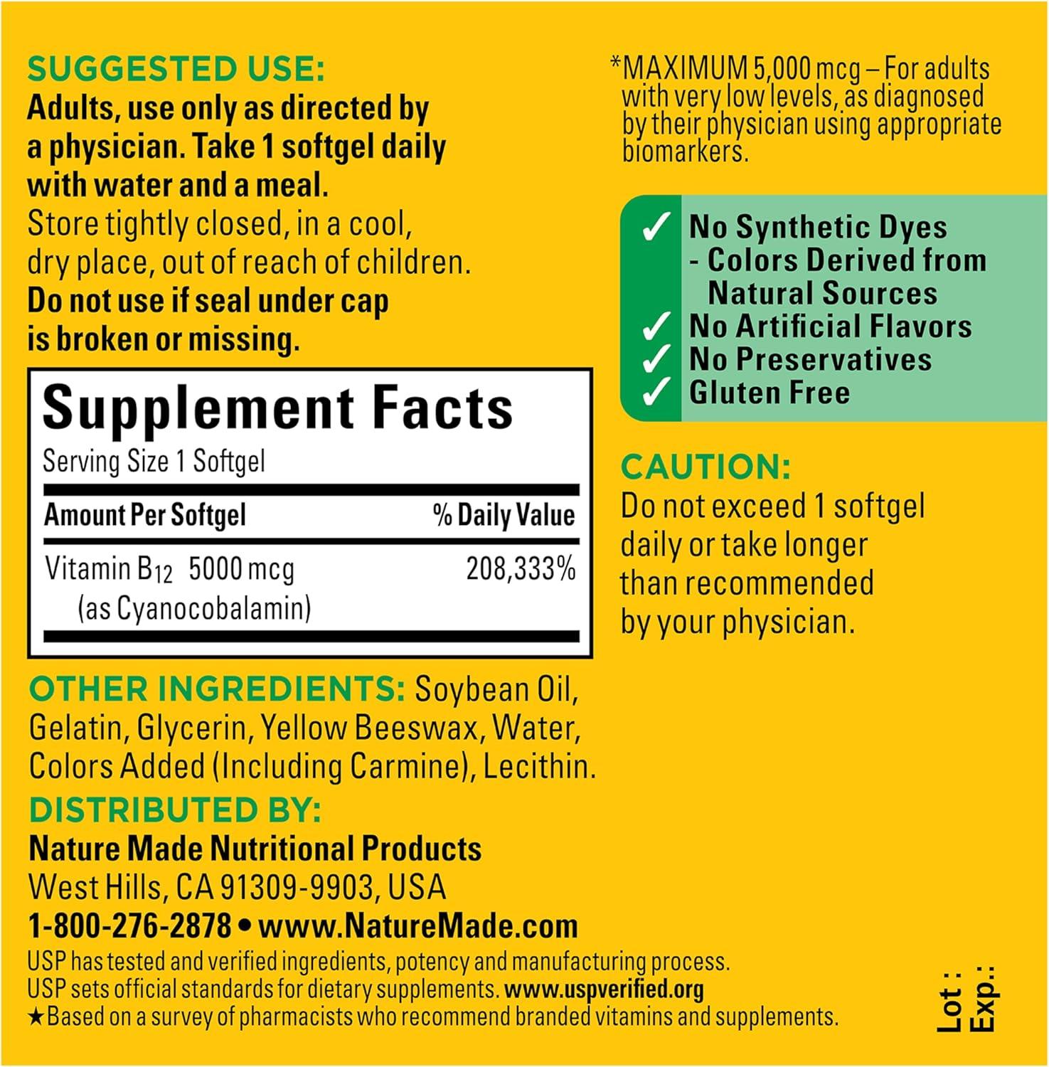 image:imageNature Made Maximum Strength Vitamin B12 5000 mcg Dietary Supplement for Energy Metabolism Support 60 Softgels 60 Day Supply60 Count Pack of 1