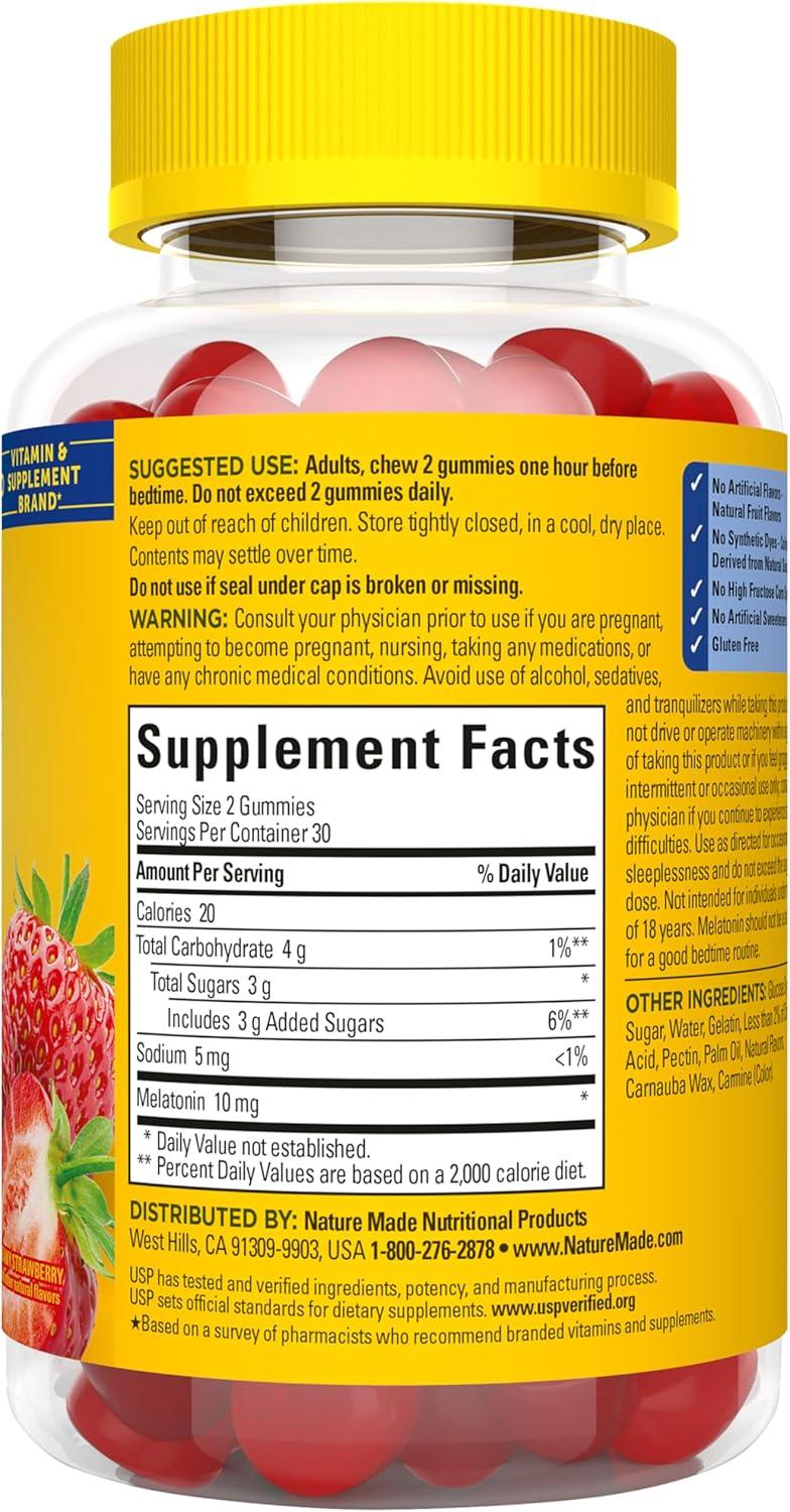 image:imageNature Made Melatonin 10 mg per serving Gummies Sleep Gummies for Adults Maximum Strength Dosage 100 Drug Free Sleep Aid 120 Count 60 Day SupplyStrawberry
