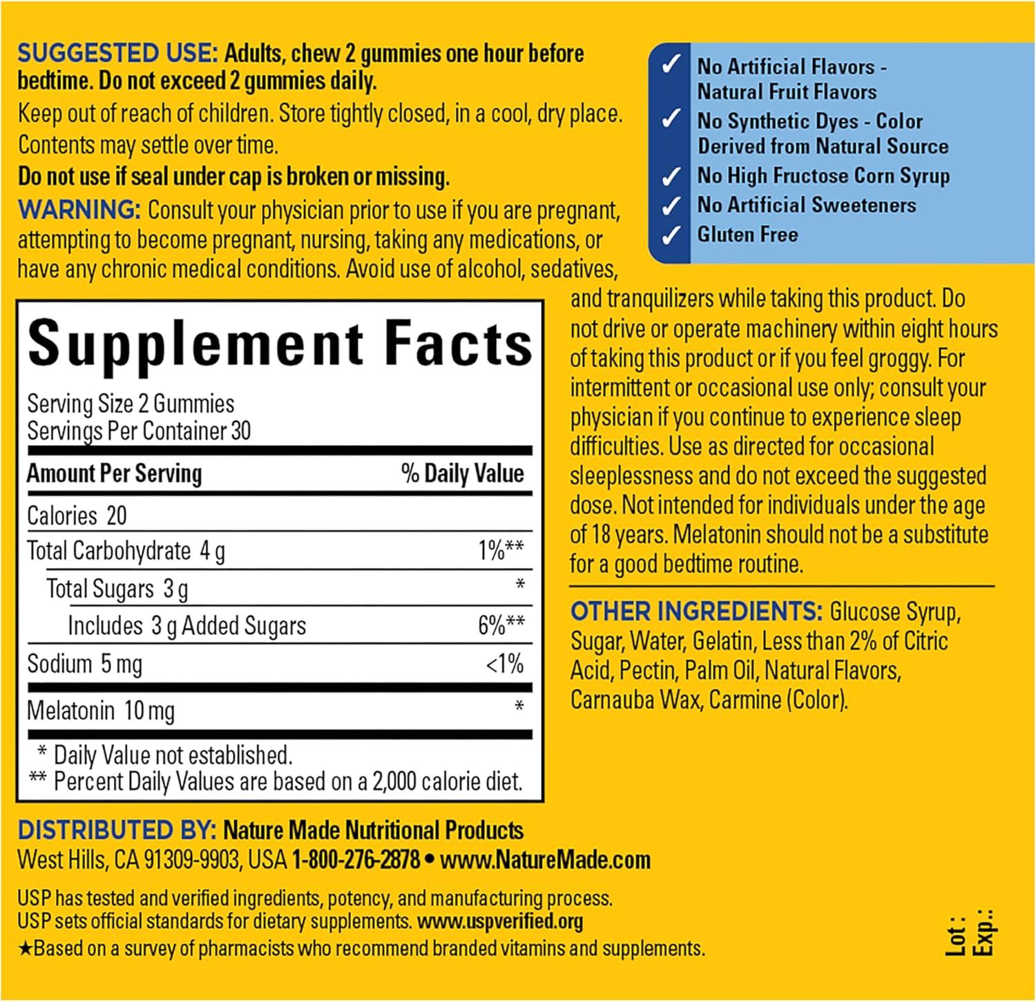 image:imageNature Made Melatonin 10 mg per serving Gummies Sleep Gummies for Adults Maximum Strength Dosage 100 Drug Free Sleep Aid 120 Count 60 Day SupplyStrawberry
