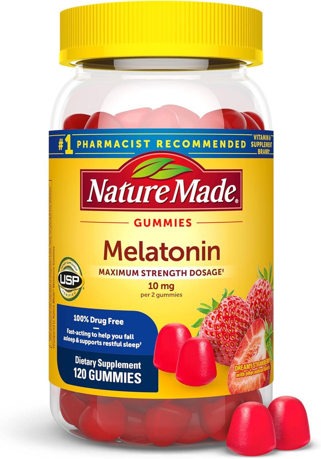 image:imageNature Made Melatonin 10 mg per serving Gummies Sleep Gummies for Adults Maximum Strength Dosage 100 Drug Free Sleep Aid 120 Count 60 Day SupplyStrawberry
