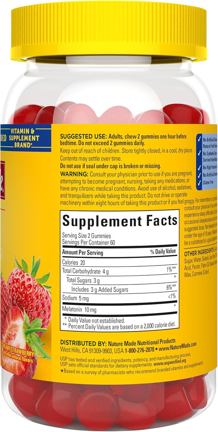 image:imageNature Made Melatonin 10 mg per serving Gummies Sleep Gummies for Adults Maximum Strength Dosage 100 Drug Free Sleep Aid 120 Count 60 Day SupplyStrawberry