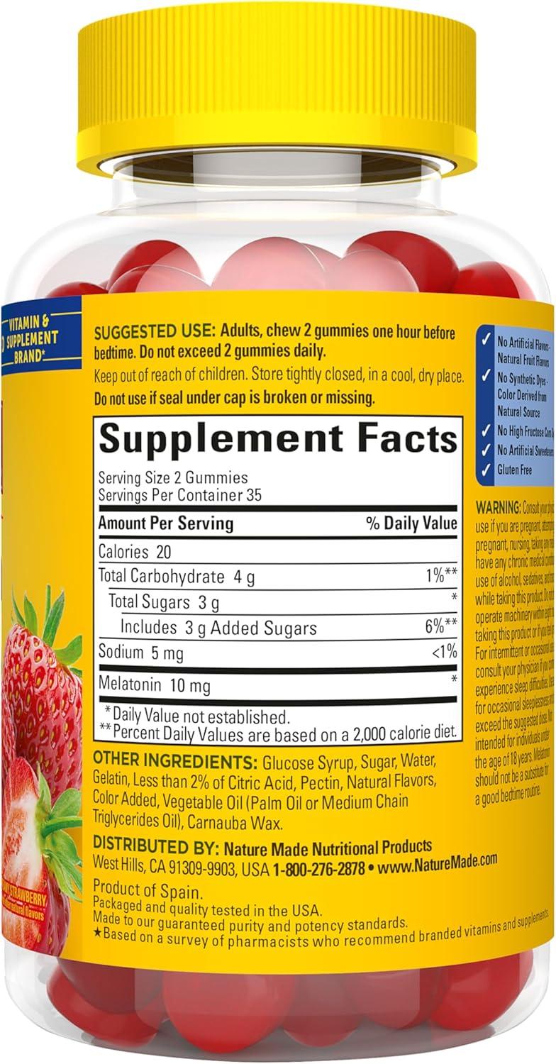 image:imageNature Made Melatonin 10 mg per serving Gummies Sleep Gummies for Adults Maximum Strength Dosage 100 Drug Free Sleep Aid 120 Count 60 Day SupplyStrawberry
