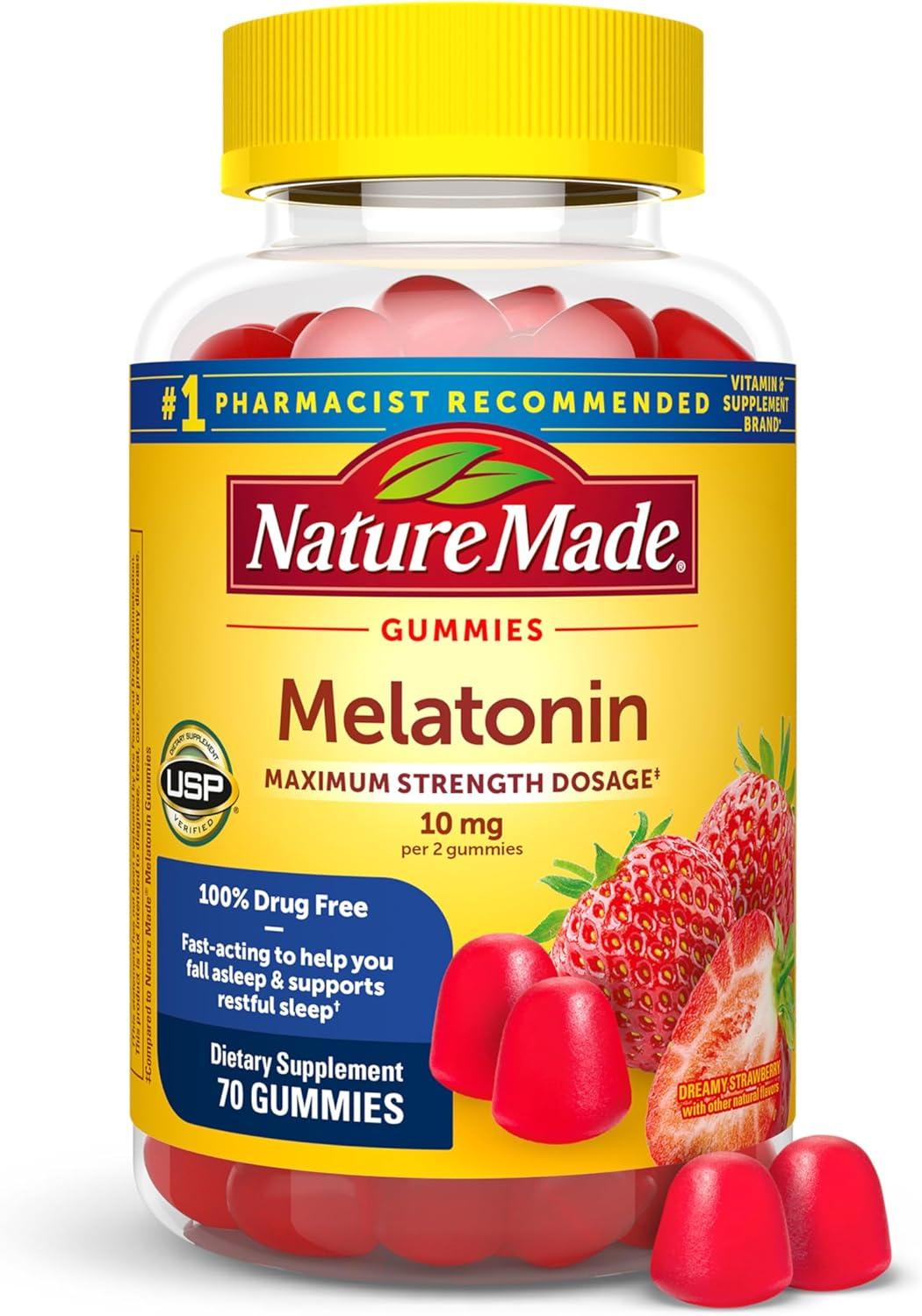 image:imageNature Made Melatonin 10 mg per serving Gummies Sleep Gummies for Adults Maximum Strength Dosage 100 Drug Free Sleep Aid 120 Count 60 Day SupplyStrawberry