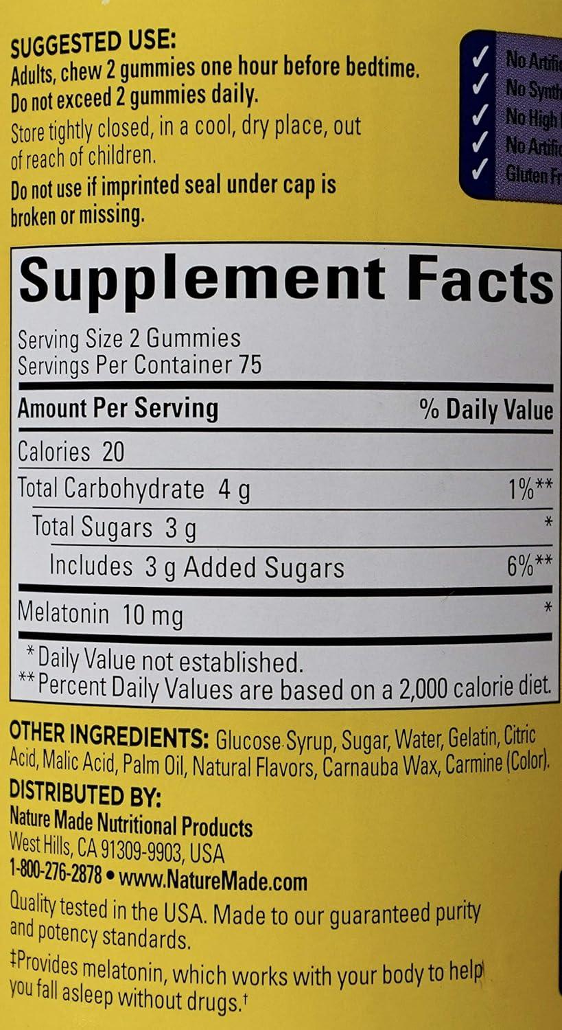 image:imageNature Made Melatonin 10 mg per serving Gummies Sleep Gummies for Adults Maximum Strength Dosage 100 Drug Free Sleep Aid 120 Count 60 Day SupplyStrawberry