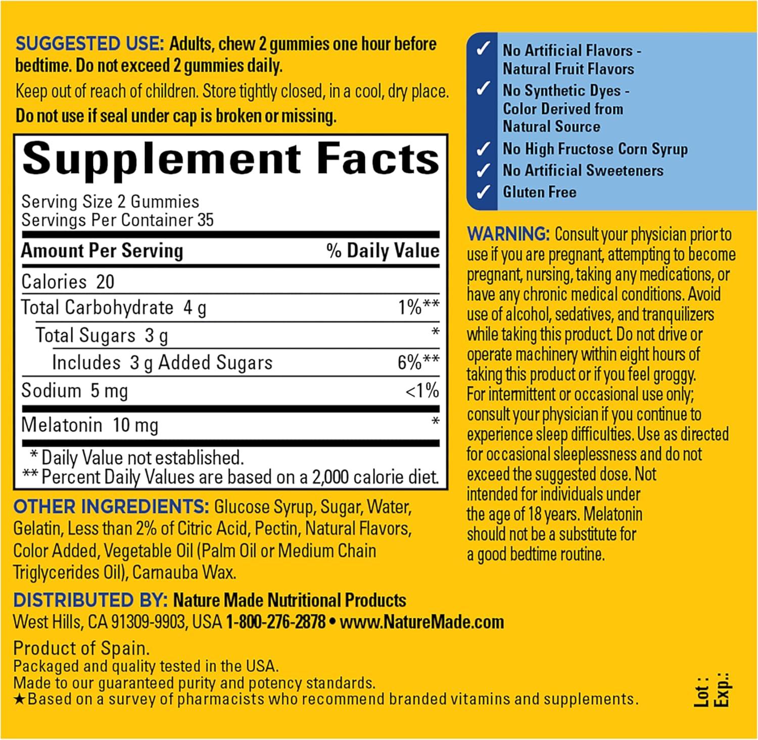 image:imageNature Made Melatonin 10 mg per serving Gummies Sleep Gummies for Adults Maximum Strength Dosage 100 Drug Free Sleep Aid 120 Count 60 Day SupplyStrawberry