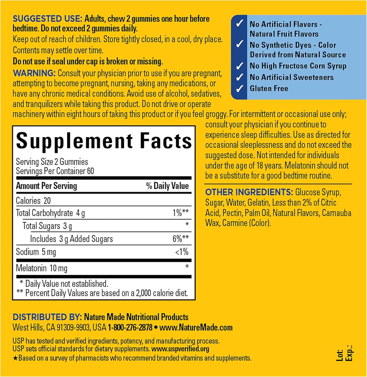 image:imageNature Made Melatonin 10 mg per serving Gummies Sleep Gummies for Adults Maximum Strength Dosage 100 Drug Free Sleep Aid 120 Count 60 Day SupplyStrawberry