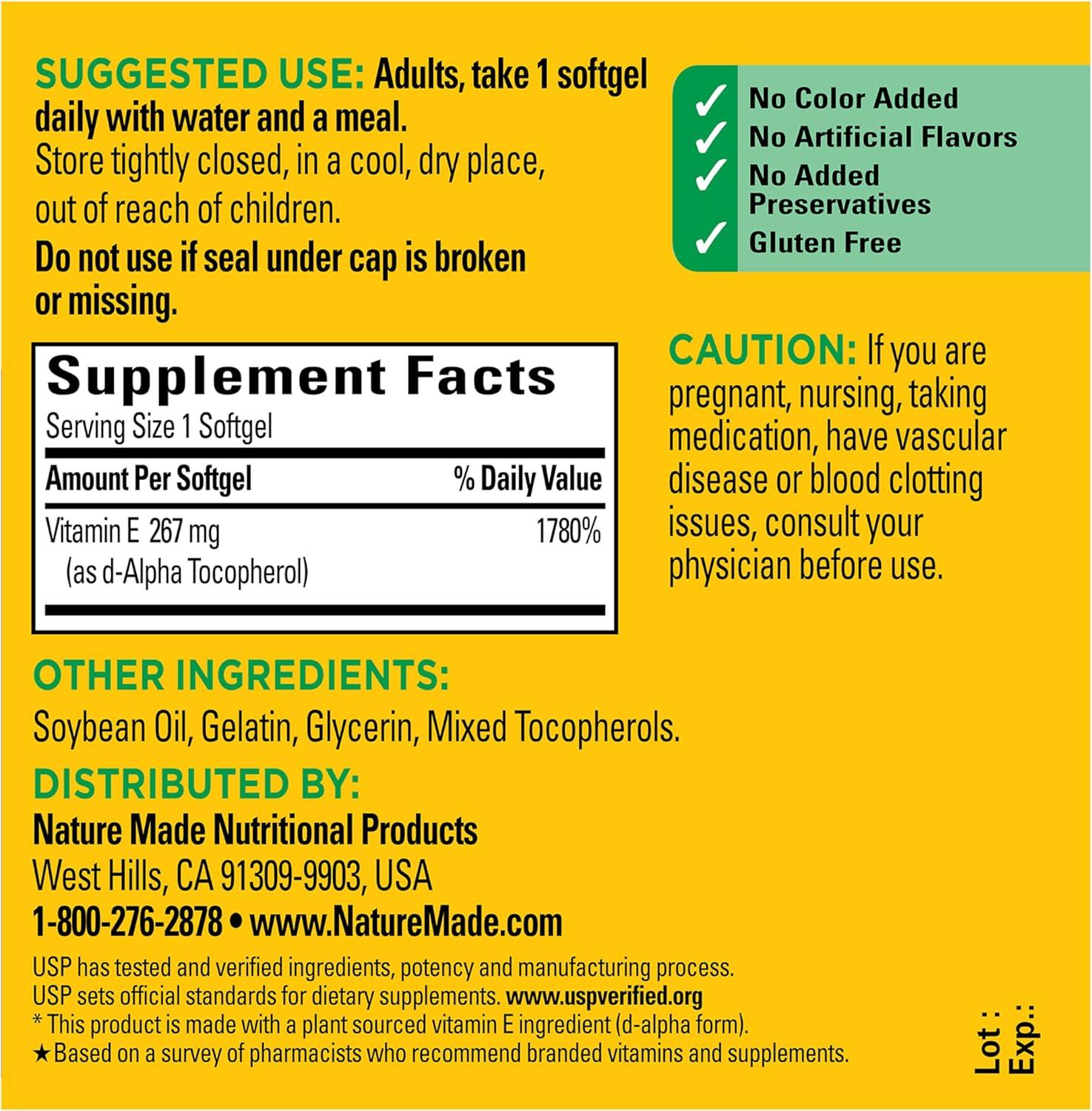 image:imageNature Made Plant Sourced Vitamin E 267 mg 400 IU dAlpha Softgels 100 Count for Antioxidant Support Pack of 3100 Count Pack of 1