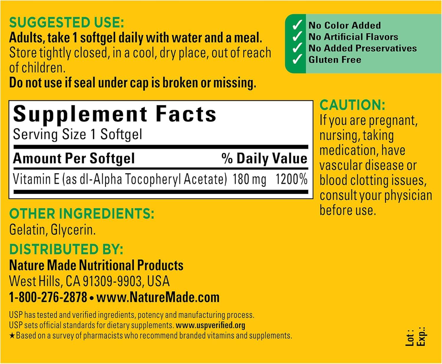 image:imageNature Made Plant Sourced Vitamin E 267 mg 400 IU dAlpha Softgels 100 Count for Antioxidant Support Pack of 3180 Count Pack of 1