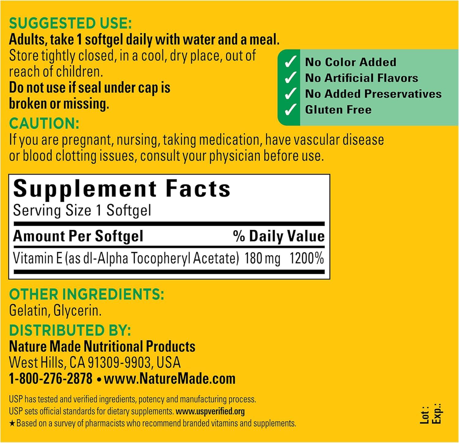 image:imageNature Made Plant Sourced Vitamin E 267 mg 400 IU dAlpha Softgels 100 Count for Antioxidant Support Pack of 3300 Count Pack of 1