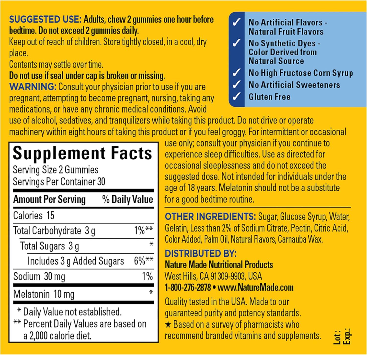 image:imageNature Made Time Release Melatonin Gummies 10mg per Serving Maximum Strength Dosage Sleep Aid for Adults 100 Drug Free 60 Gummies 30 Day Supply