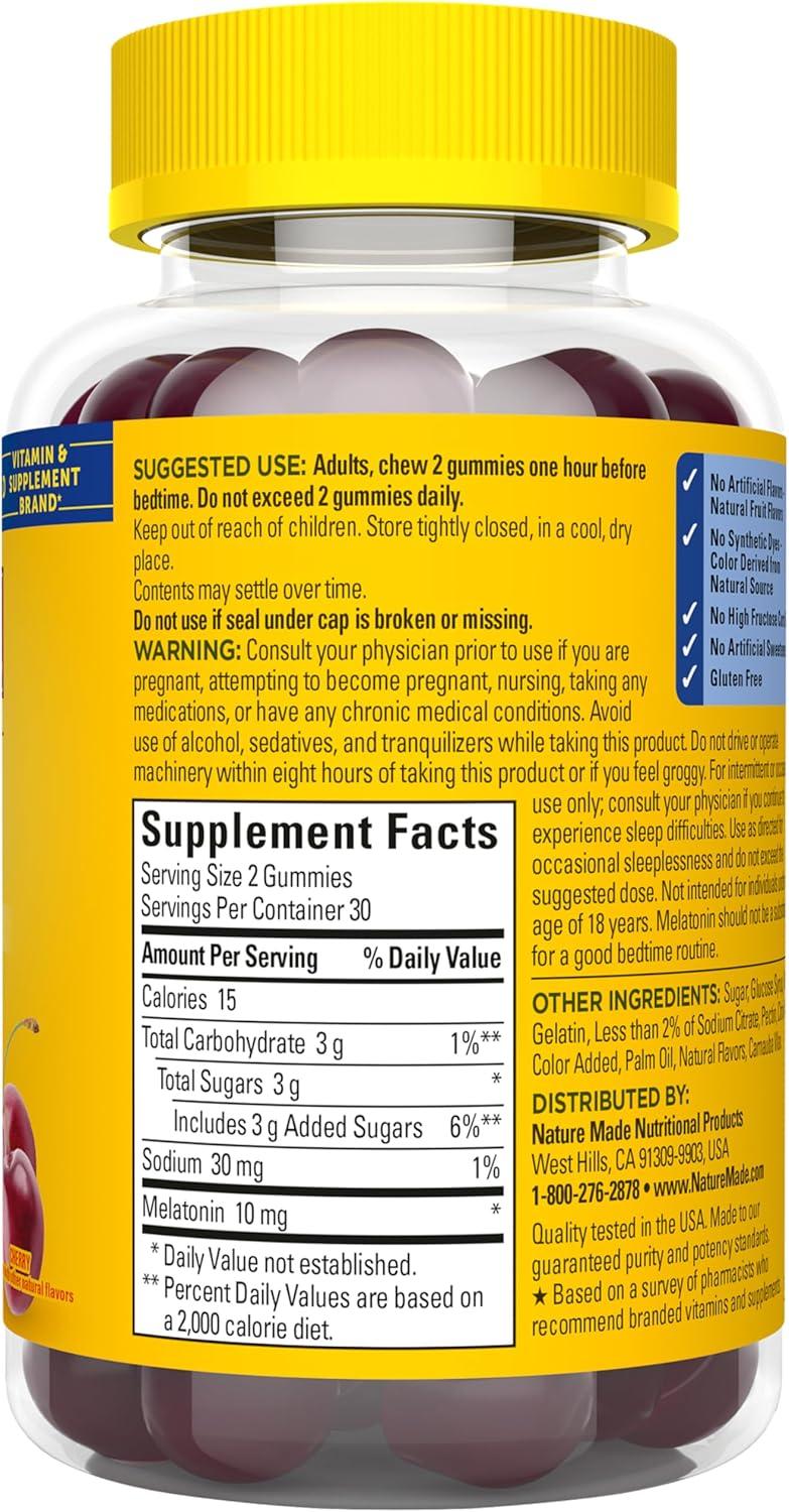 image:imageNature Made Time Release Melatonin Gummies 10mg per Serving Maximum Strength Dosage Sleep Aid for Adults 100 Drug Free 60 Gummies 30 Day Supply