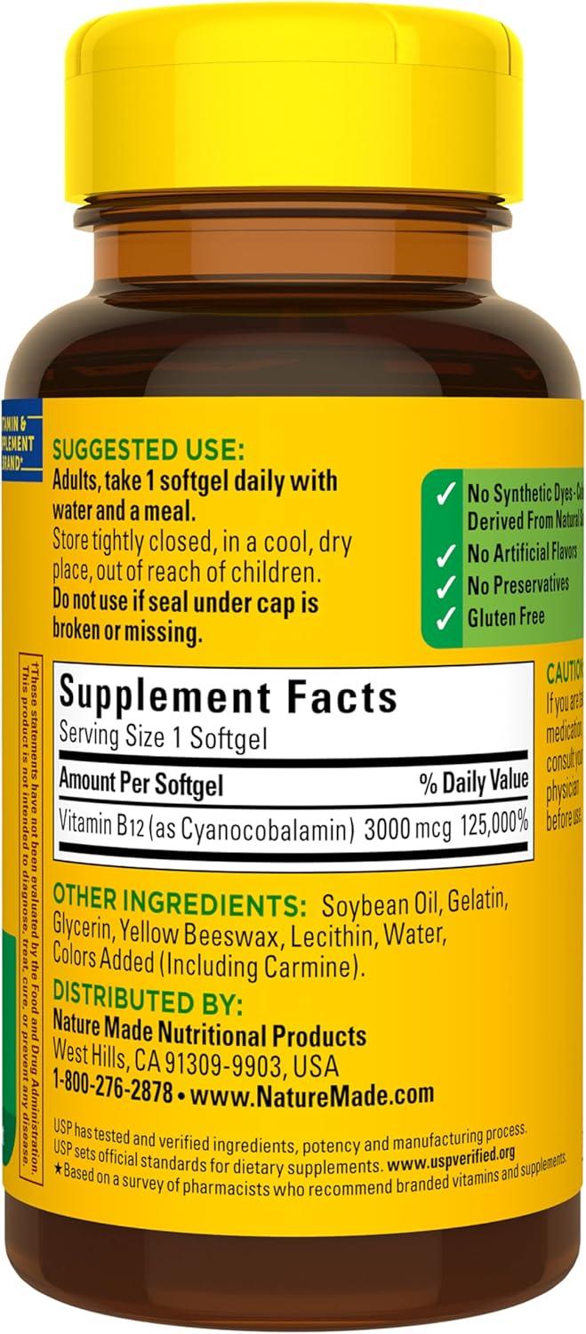 image:imageNature Made Vitamin B12 Extra Strength 3000 mcg B12 Vitamin Supplement for Energy Metabolism Support 60 Softgels 60 Day Supply
