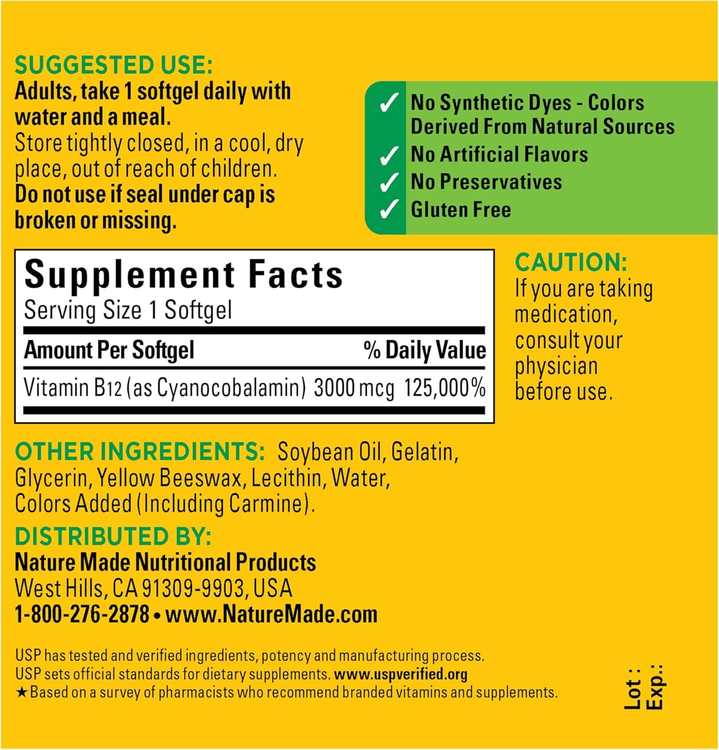 image:imageNature Made Vitamin B12 Extra Strength 3000 mcg B12 Vitamin Supplement for Energy Metabolism Support 60 Softgels 60 Day Supply