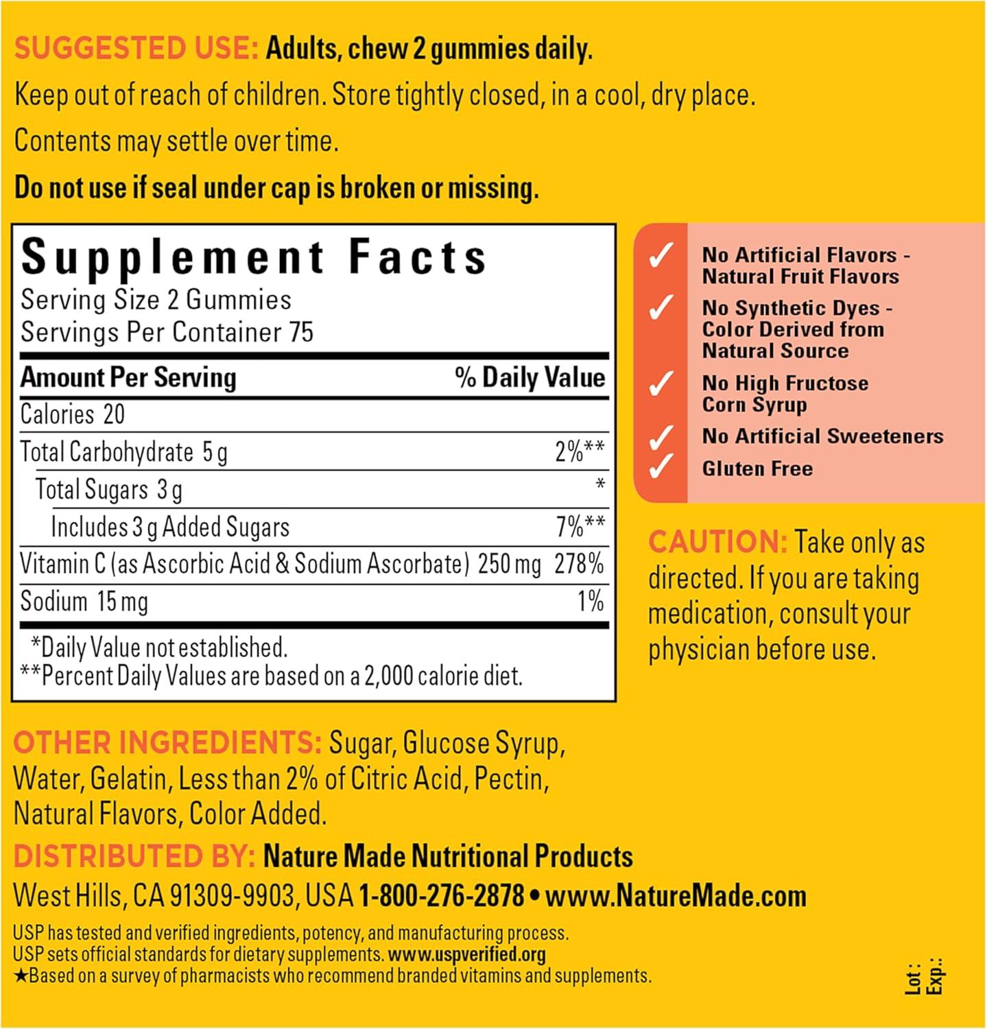 image:imageNature Made Vitamin C 250 mg Per Serving Dietary Supplement for Immune Support Vitamin C Gummies for Adults 150 Gummies 75 Day SupplyTangerine