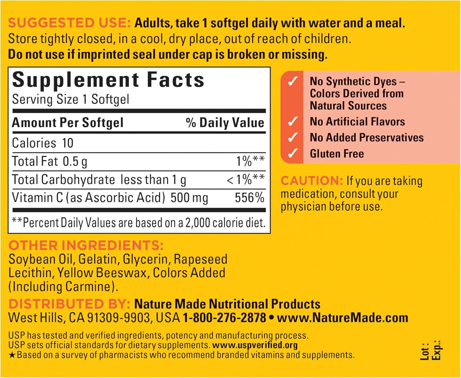 image:imageNature Made Vitamin C 500 mg Dietary Vitamin C Supplement for Immune Support 60 Softgels 60 Day Supply60 Count Pack of 1