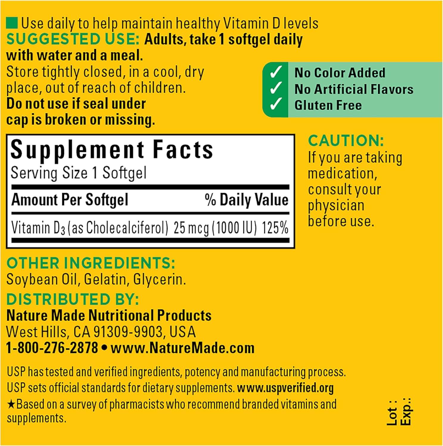 image:imageNature Made Vitamin D3 1000 IU 25 mcg Vitamin D Supplement for Bone Teeth Muscle and Immune Health Support 100 Softgels 100 Day Supply100 Count Pack of 1