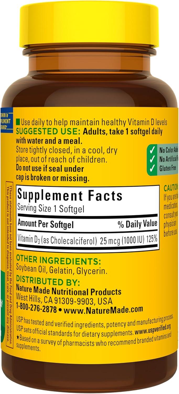 image:imageNature Made Vitamin D3 1000 IU 25 mcg Vitamin D Supplement for Bone Teeth Muscle and Immune Health Support 100 Softgels 100 Day Supply100 Count Pack of 1