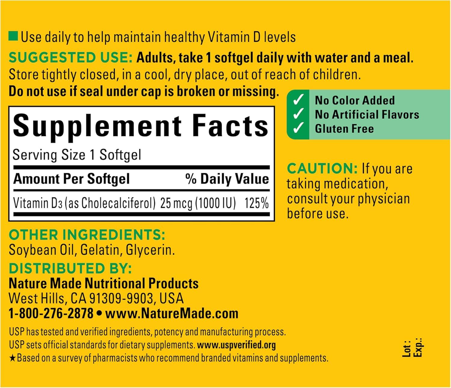 image:imageNature Made Vitamin D3 1000 IU 25 mcg Vitamin D Supplement for Bone Teeth Muscle and Immune Health Support 100 Softgels 100 Day Supply180 Count Pack of 1