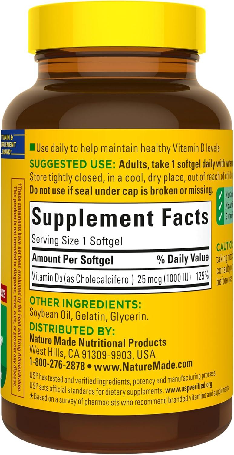 image:imageNature Made Vitamin D3 1000 IU 25 mcg Vitamin D Supplement for Bone Teeth Muscle and Immune Health Support 100 Softgels 100 Day Supply180 Count Pack of 1