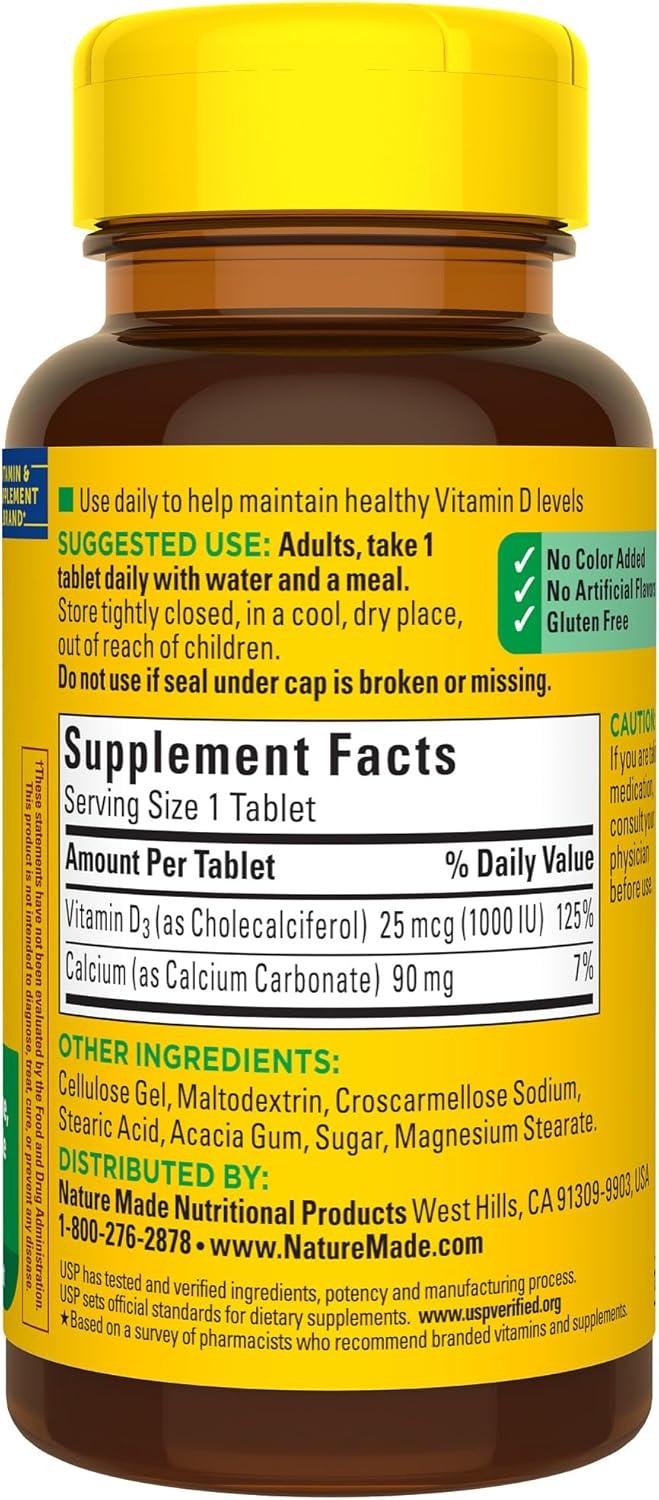 image:imageNature Made Vitamin D3 1000 IU 25 mcg Vitamin D Supplement for Bone Teeth Muscle and Immune Health Support 100 Tablets 100 Day Supply