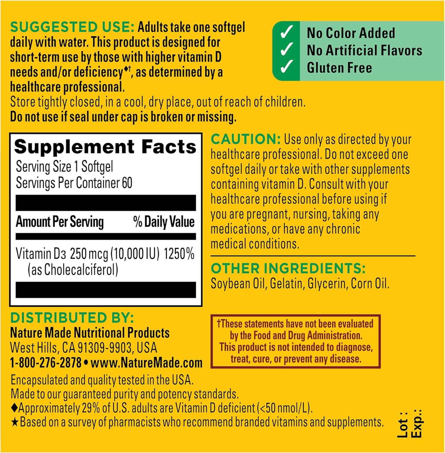 image:imageNature Made Vitamin D3 10000 IU 250 mcg Maximum Strength Vitamin D Supplement for Bone and Immune Health Support 60 Softgels 60 Day Supply60 Count Pack of 1