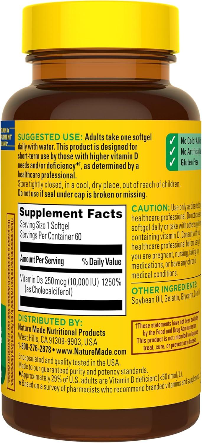 image:imageNature Made Vitamin D3 10000 IU 250 mcg Maximum Strength Vitamin D Supplement for Bone and Immune Health Support 60 Softgels 60 Day Supply60 Count Pack of 1