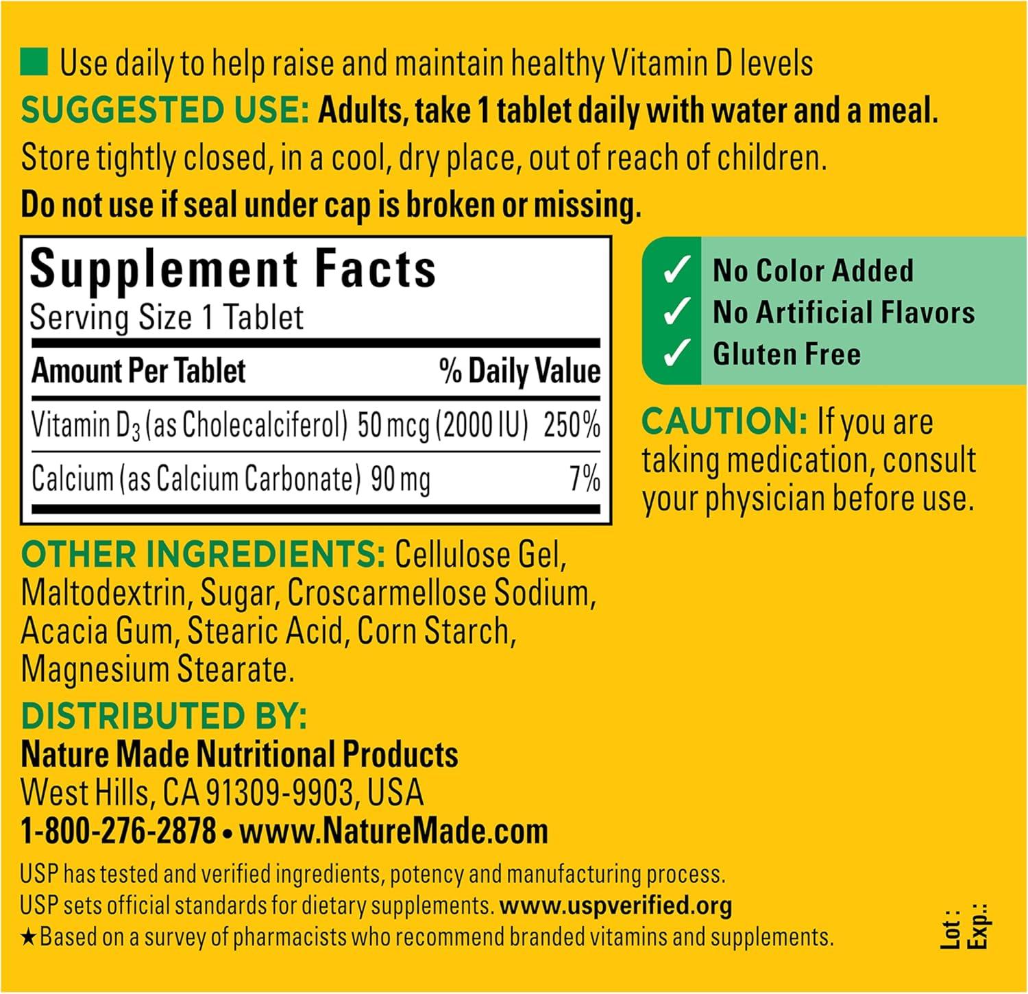 image:imageNature Made Vitamin D3 2000 IU 50 mcg Vitamin D Supplement for Bone Teeth Muscle and Immune Health Support 100 Tablets 100 Day Supply400 Count Pack of 1